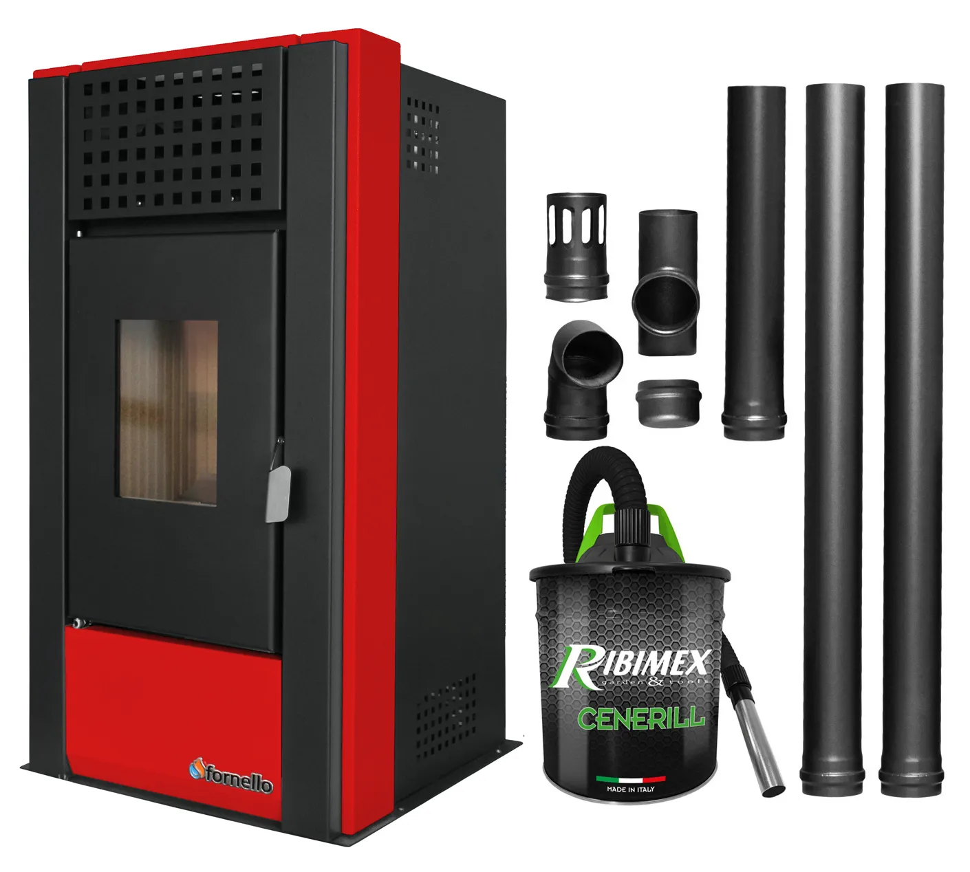 Pachet pentru incalzire Semineu (Soba) pe Peleti cu aer cald Fornello Magnesia 9 KW, culoare Bordeaux, aspirator de cenusa si kit de evacuare 2,5 metri