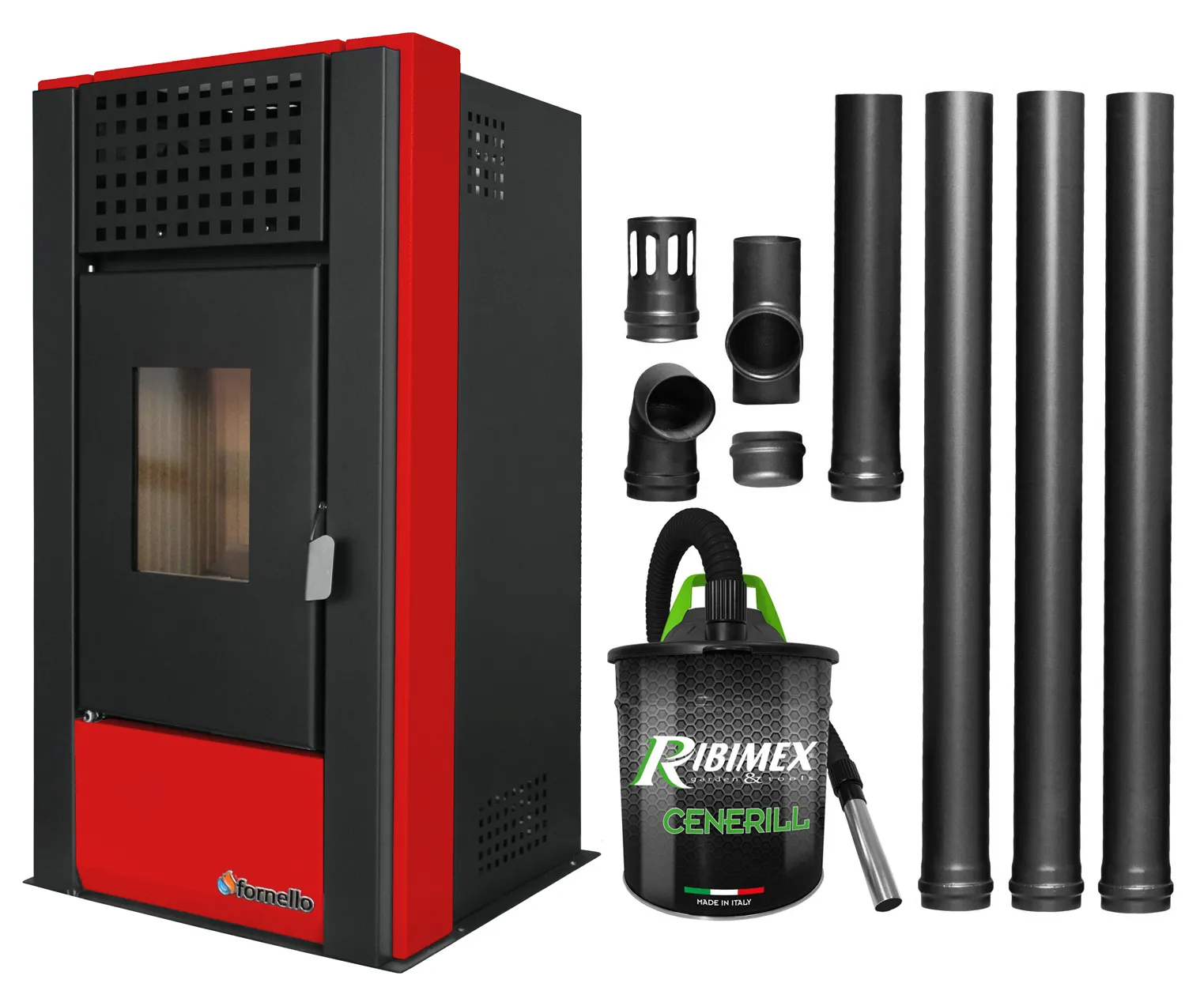 Pachet pentru incalzire Semineu (Soba) pe Peleti cu aer cald Fornello Magnesia 9 KW, culoare Bordeaux, aspirator de cenusa si kit de evacuare 3,5 metri