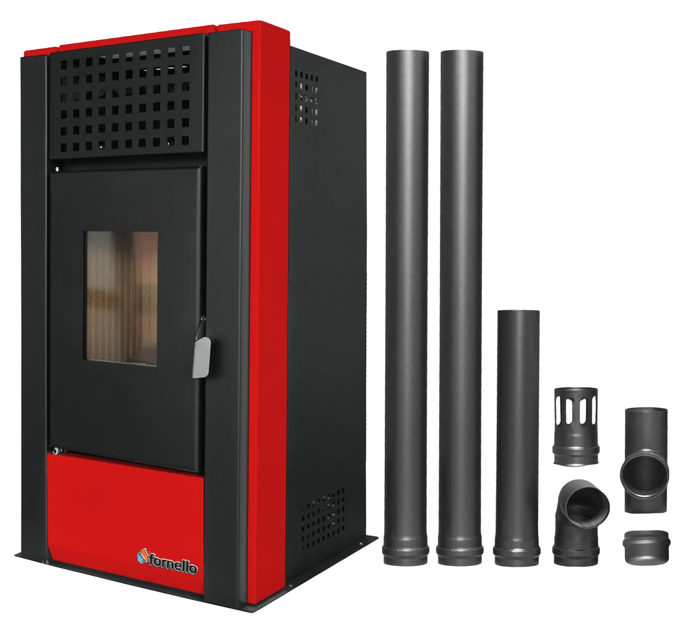 Pachet pentru incalzire Semineu (Soba) pe Peleti cu aer cald Fornello Magnesia 9 KW, culoare Bordeaux si kit evacuare 2,5 metri
