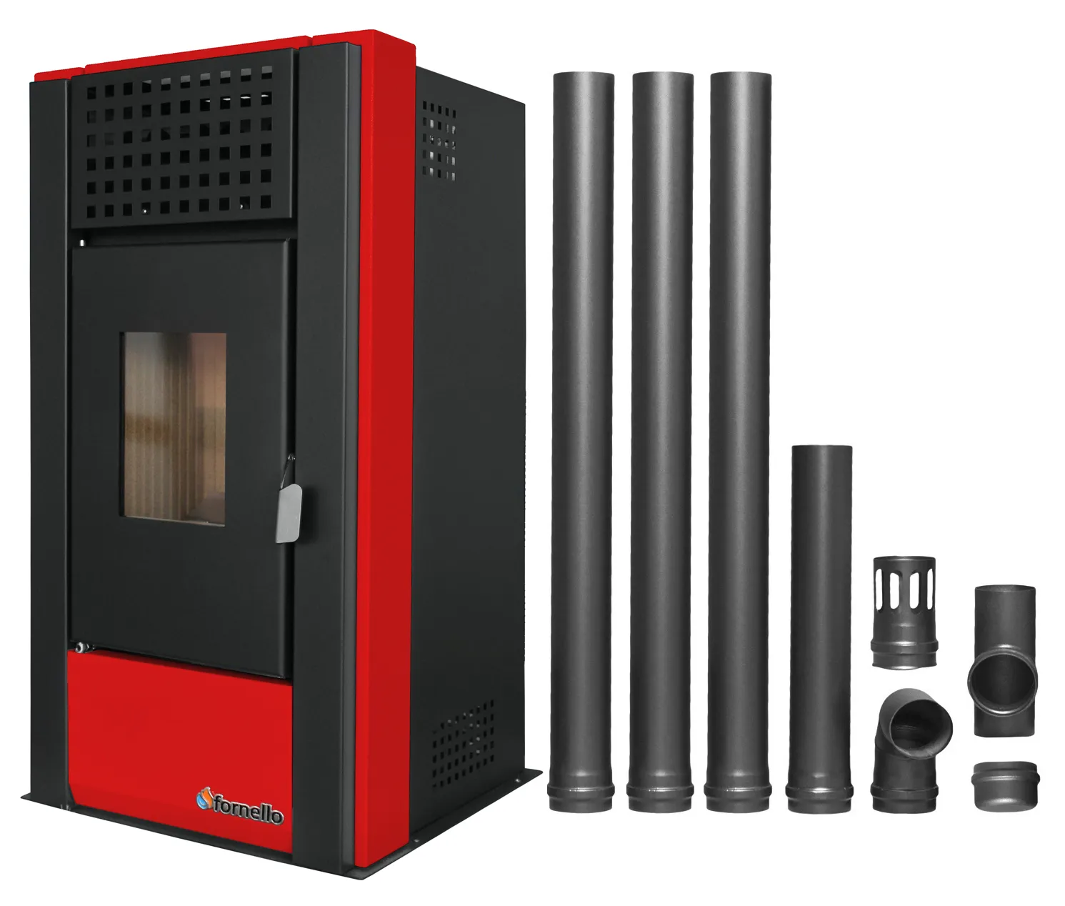 Pachet pentru incalzire Semineu (Soba) pe Peleti cu aer cald Fornello Magnesia 9 KW, culoare Bordeaux si kit evacuare 3,5 metri