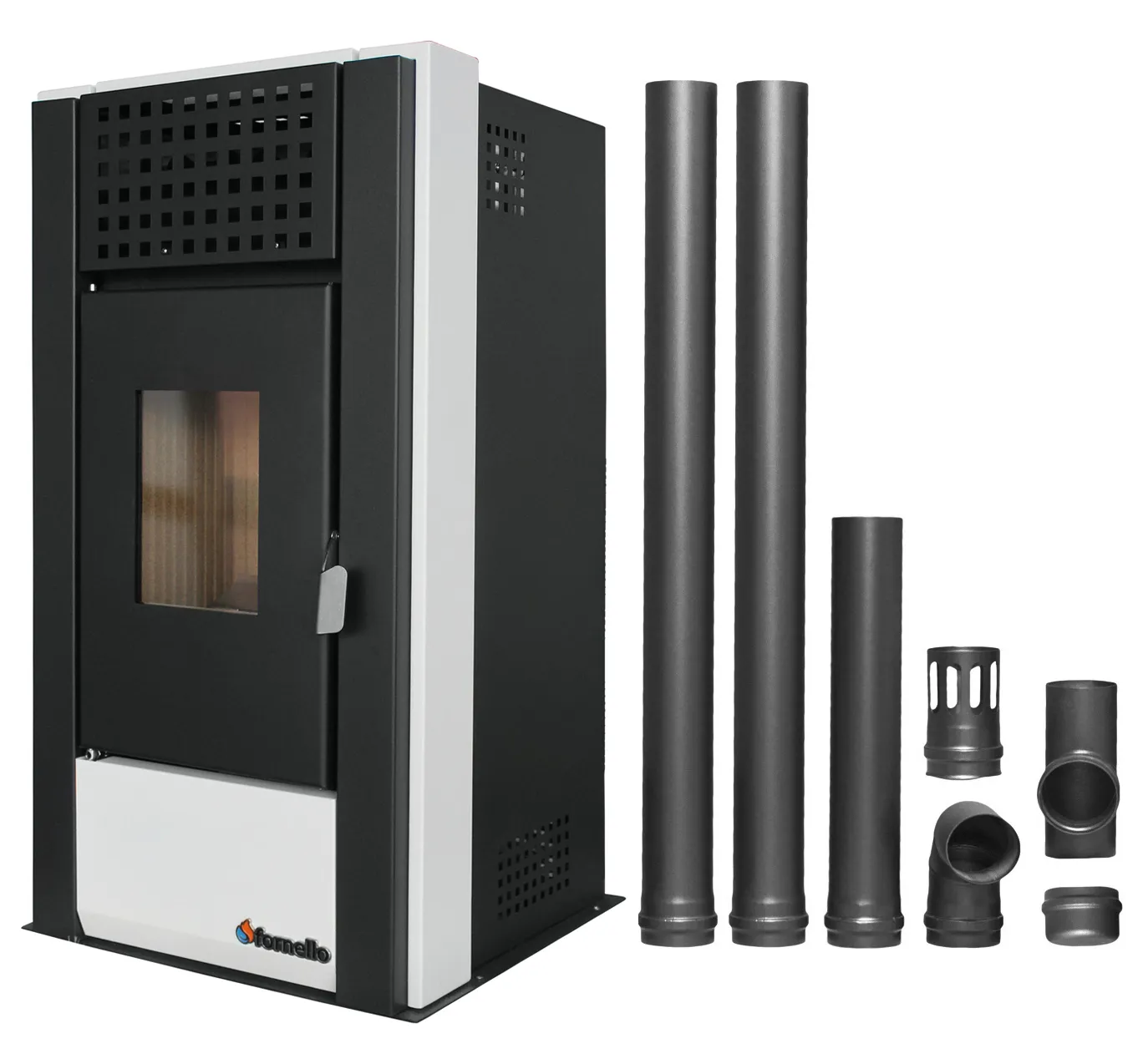 Pachet pentru incalzire Semineu (Soba) pe Peleti cu aer cald Fornello Magnesia 9 KW, culoare White si kit evacuare 2,5 metri