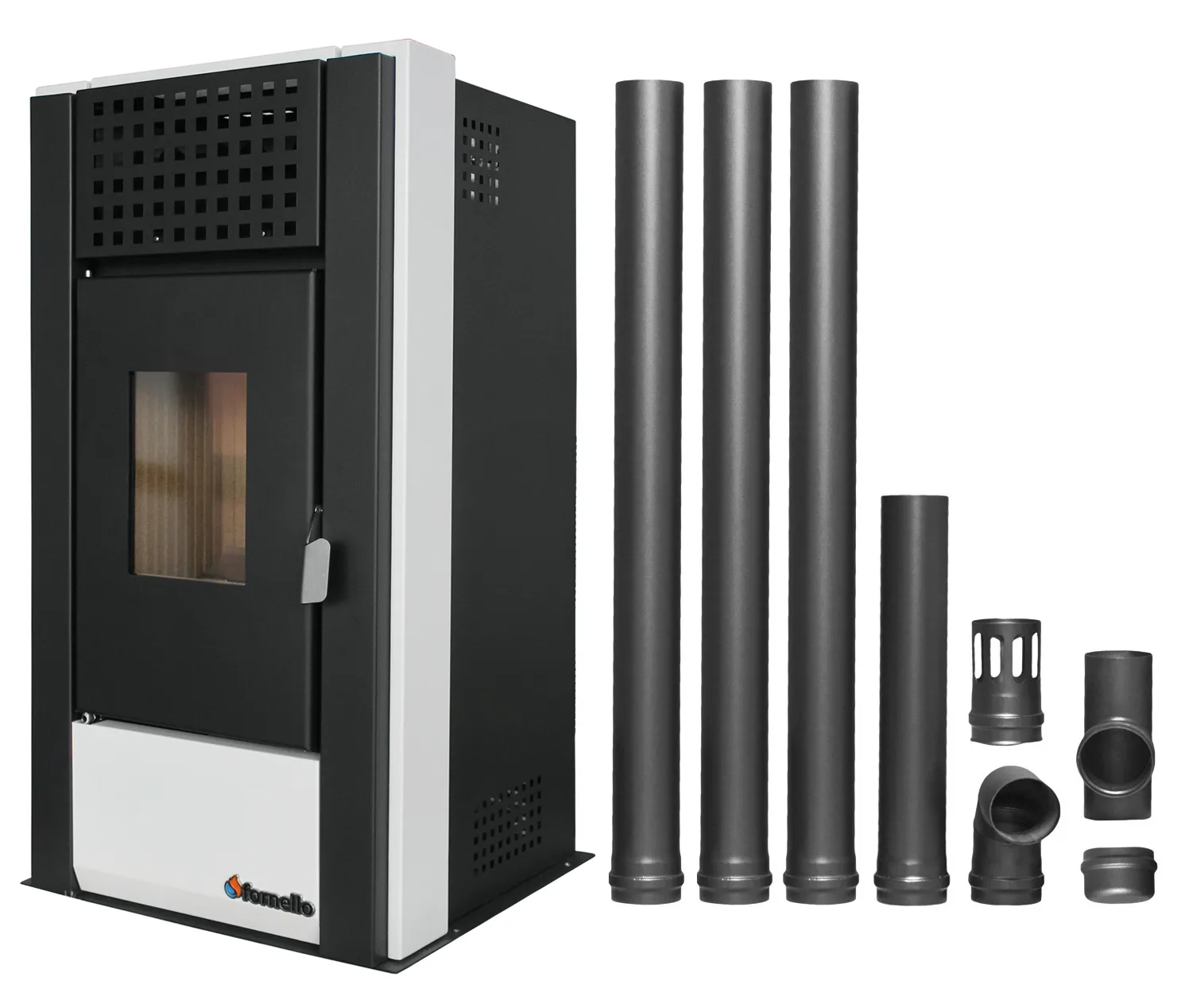 Pachet pentru incalzire Semineu (Soba) pe Peleti cu aer cald Fornello Magnesia 9 KW, culoare White si kit evacuare 3,5 metri
