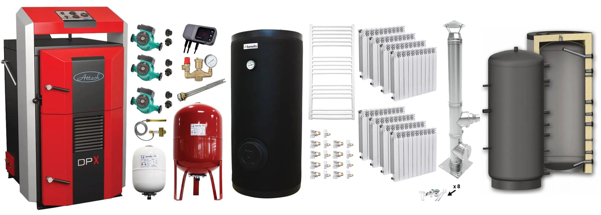 Pachet premium Cazan (centrala) pe combustibil solid, Attack DPX Standard cu gazeificare, 45 kW, Puffer 1000 litri, calorifere aluminiu Fornello Alvo, cos inox, boiler, 2 x vas expansiune, 3 x pompe circulare, controller pompa, grup siguranta si vana