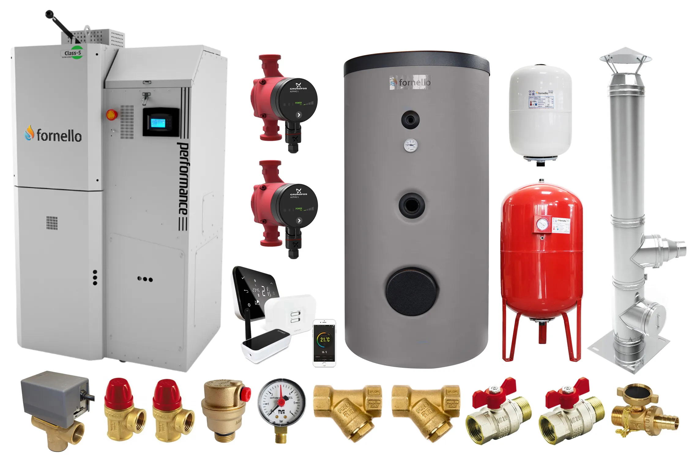 Pachet premium Centrala pe peleti Fornello Slimpel Performance 40 kw, boiler, termostat control de la distanta, pompe electronice, vas expansiune termic si sanitar, vana deviatoare 3 cai, cos inox si fitiguri de baza