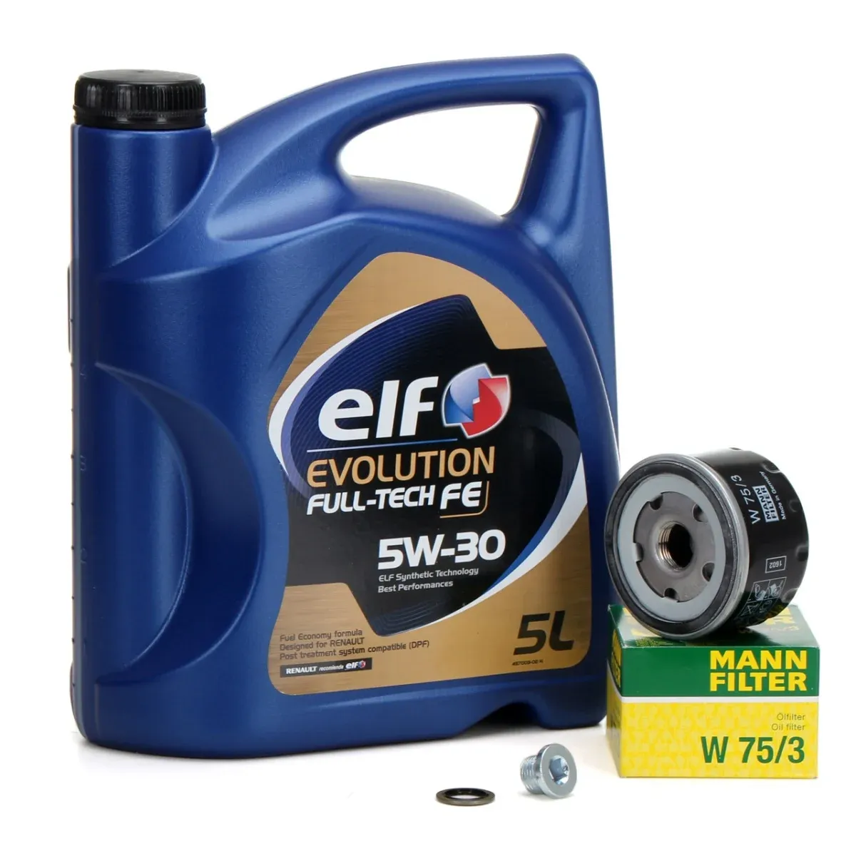 Pachet Revizie Ulei Motor Elf Evolution Full Tech FE 5W-30 5L + Filtru Ulei Mann Filter Dacia Logan 1 2004-2012 W75 3 + Buson Golire Baie Ulei Fa1