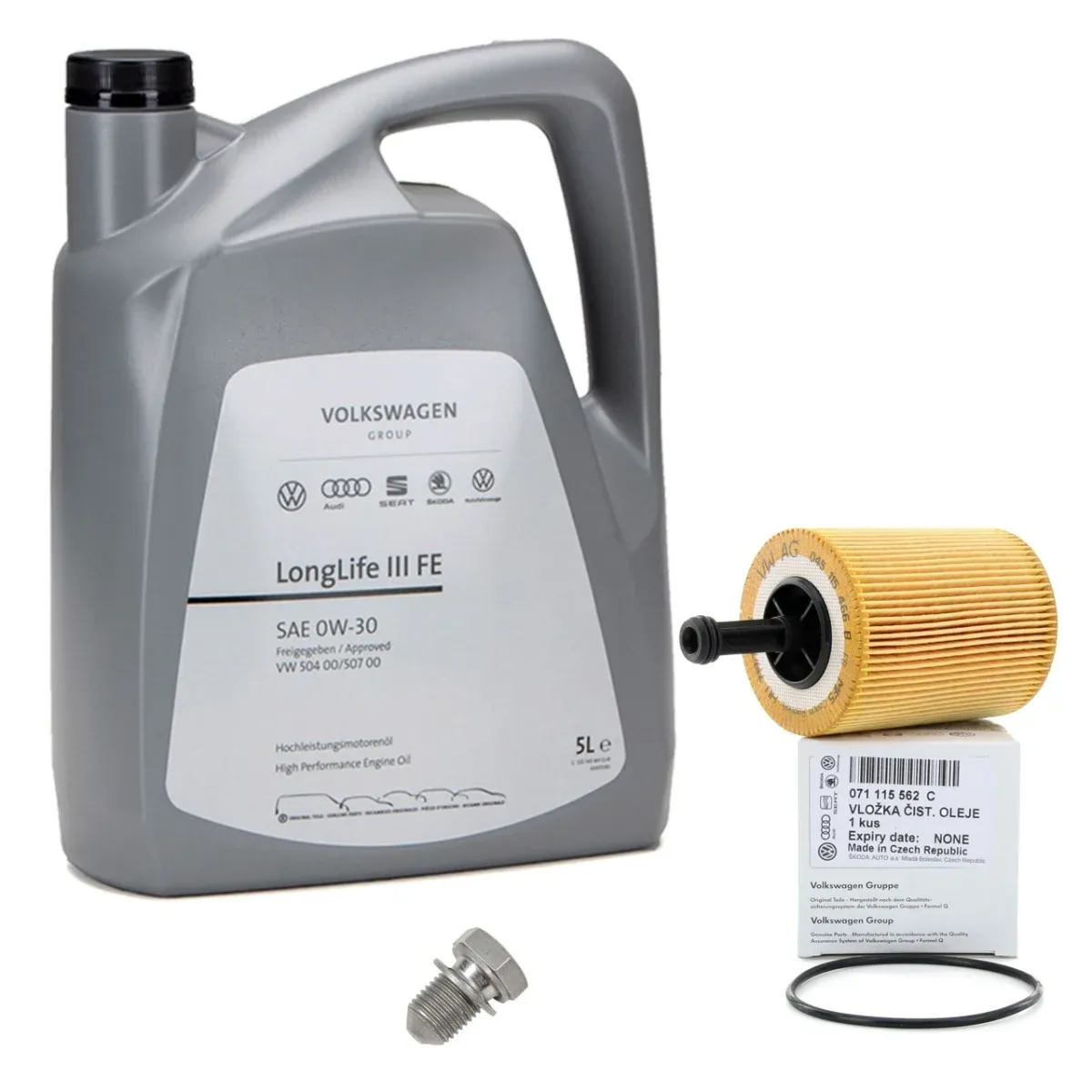 Pachet Revizie Vag Ulei Oe Motor Volkswagen Longlife III 0W-30 5L GS55545M4EUR + Filtru Ulei Volkswagen 071115562C + Buson Golire Baie Ulei Oe
