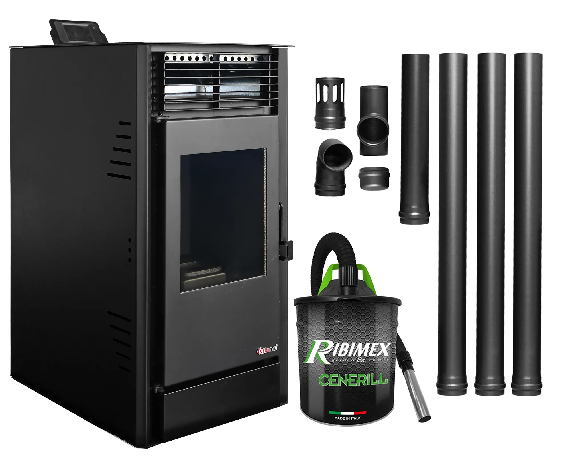 Pachet Semineu pe peleti cu aer cald Fiama Fuoco 8 kw, aprindere electrica, tiraj fortat, wifi, focar din fonta, recomandat pentru 75 mp, Black,  Kit evacuare 3.5 ml si Aspirator cenusa