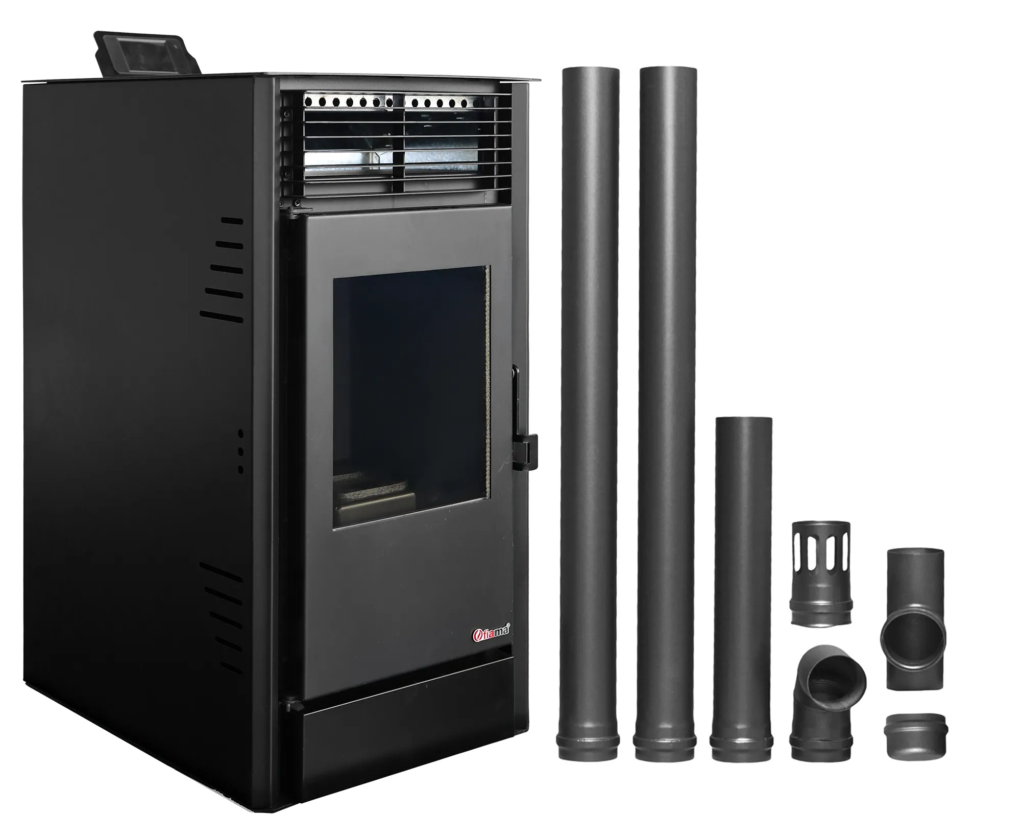 Pachet Semineu pe peleti cu aer cald Fiama Fuoco 8 kw, aprindere electrica, tiraj fortat, wifi, focar din fonta, recomandat pentru 75 mp, Black, Kit evacuare 2.5