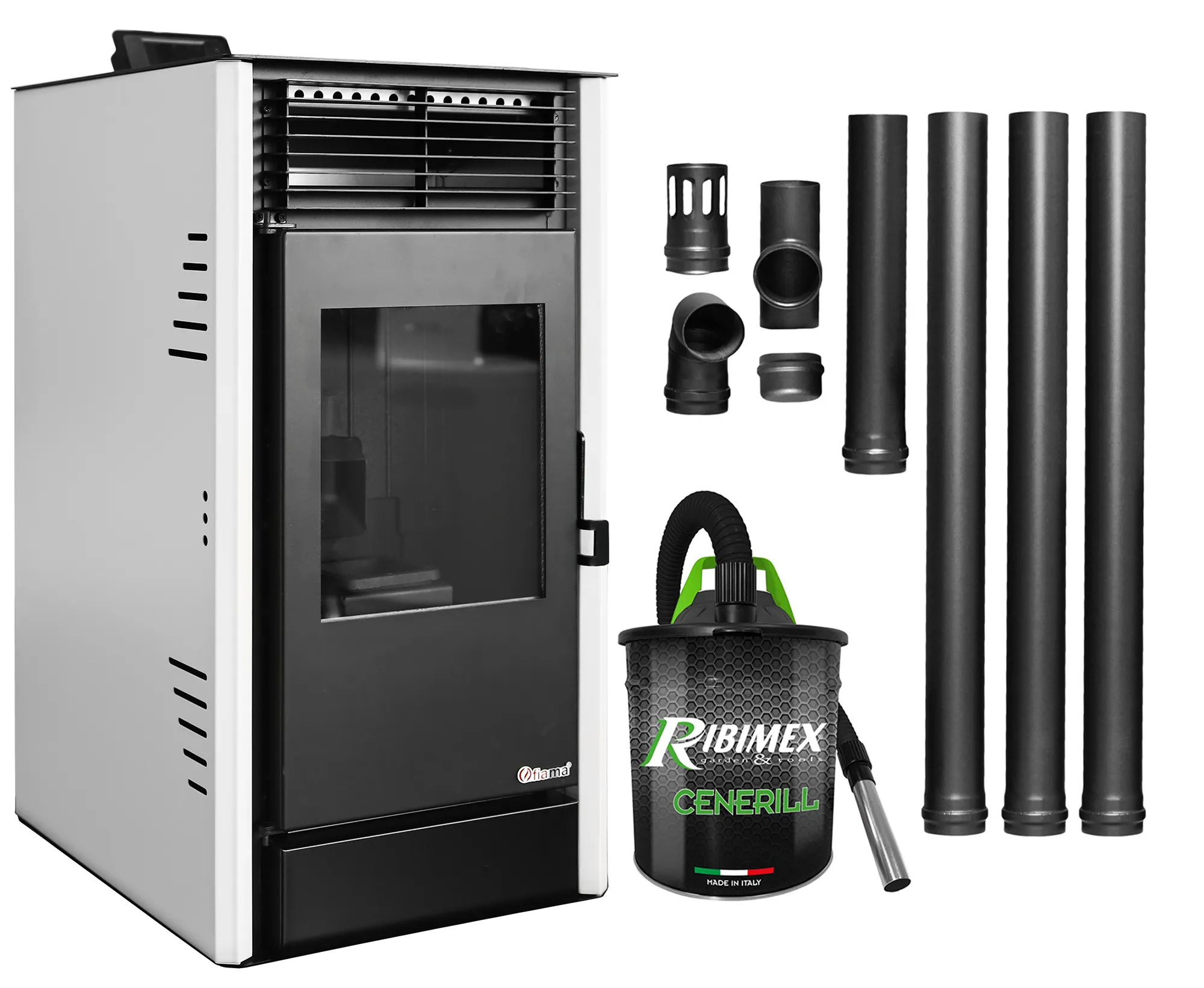Pachet Semineu pe peleti cu aer cald Fiama Fuoco 8 kw, aprindere electrica, tiraj fortat, wifi, focar din fonta, recomandat pentru 75 mp, Alb,  Kit evacuare 3.5 ml si Aspirator cenusa