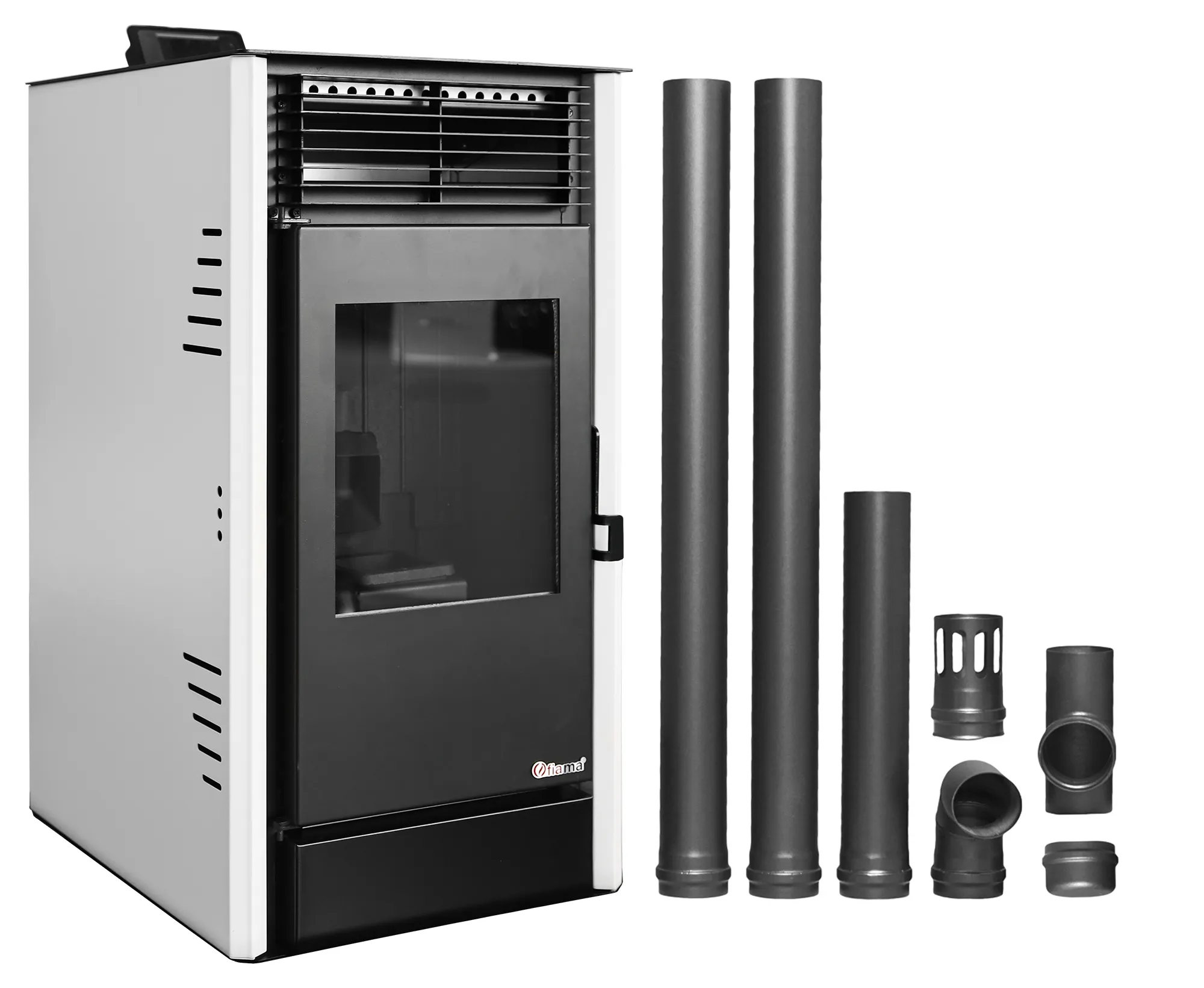 Pachet Semineu pe peleti cu aer cald Fiama Fuoco 8 kw, aprindere electrica, tiraj fortat, wifi, focar din fonta, recomandat pentru 75 mp, Alb, Kit evacuare 2.5