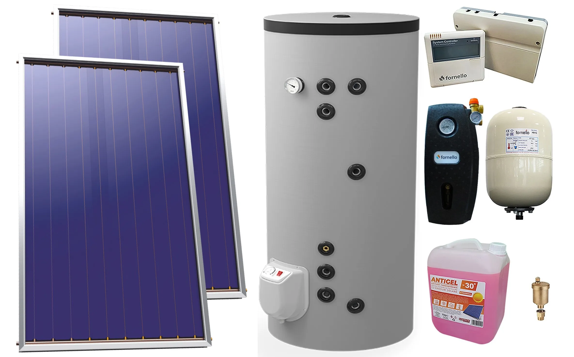 Pachet sistem solar presurizat, 2 x Panou Plan Sunsystem Select PK SL CL NL 2.15 m², Boiler termoelectric Eldom FV20060S21 doua serpentine, 3000 W, 200 l, grup pompare, controller, vas expansiune, antigel, aerisitor 1/2