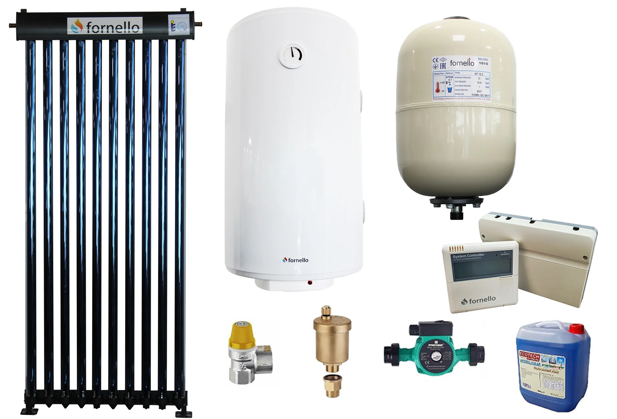 Pachet Sistem solar presurizat, panou Fornello 10 Tuburi Heat Pipe, Boiler termoelectric cu o serpentina Fornello Optima GCVS 80 litri, pompa 25-60, controller, vas expansiune, antigel, supapa 1/2, aerisitor 1/2