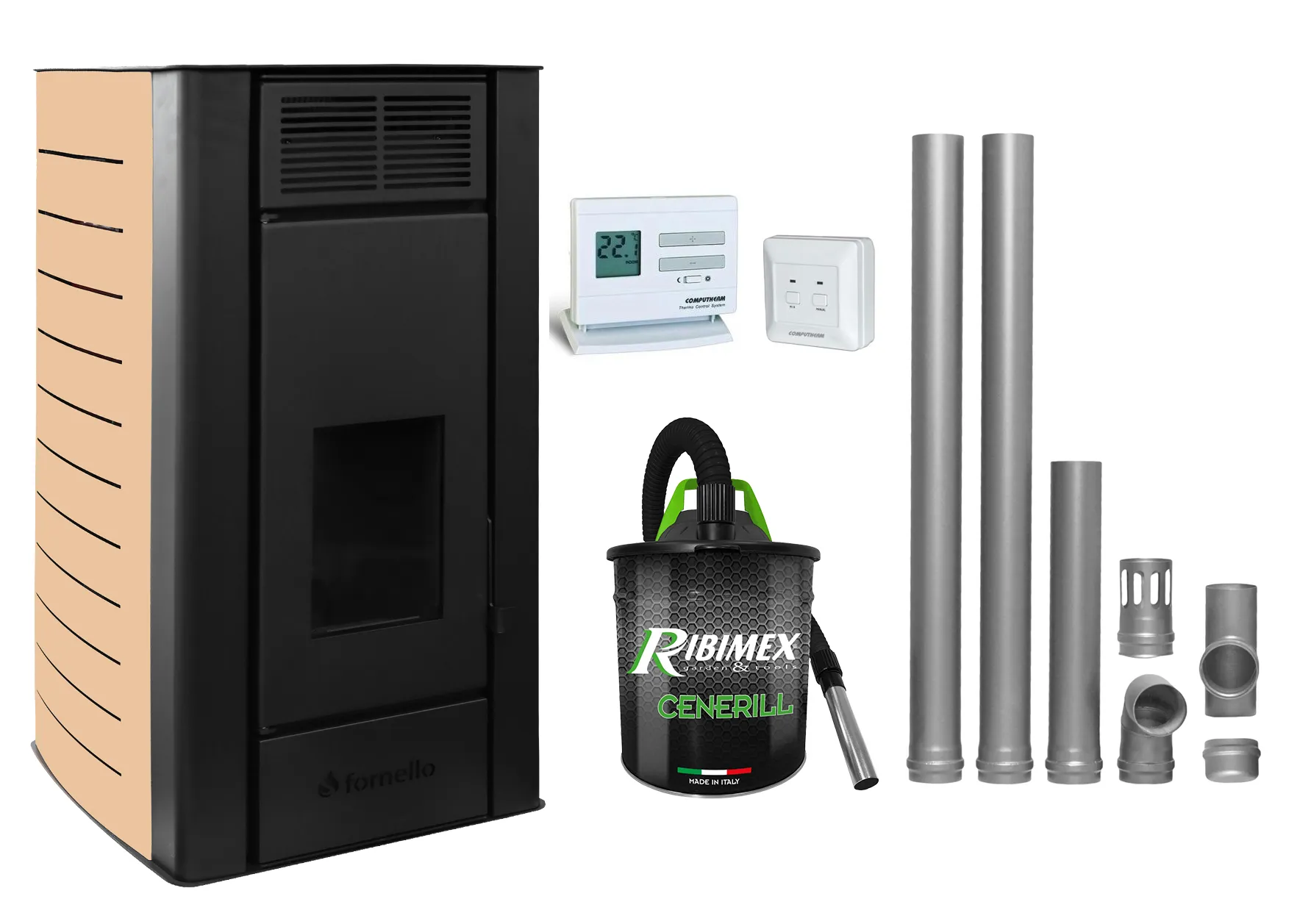 Pachet Termosemineu centrala pe peleti Fornello SERENA W25, 25 kw, culoare Ivory, complet echipat cu kit evacuare 2.5 ml, Termostat Radio Comanda Computherm Q3 RF, Aspirator Cenusa, suprafata incalzita pana la 150 mp