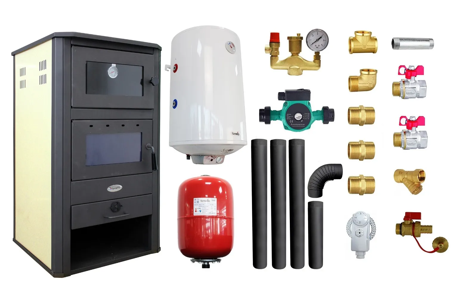 Pachet Termosemineu pe lemne, brichete si carbune Fornello MILANO E, 24 KW, cuptor, Ivory, 580x560x1060 mm, boiler termoelectric 100l, vas expansiune, pompa circulatie, kit evacuare si kit montaj