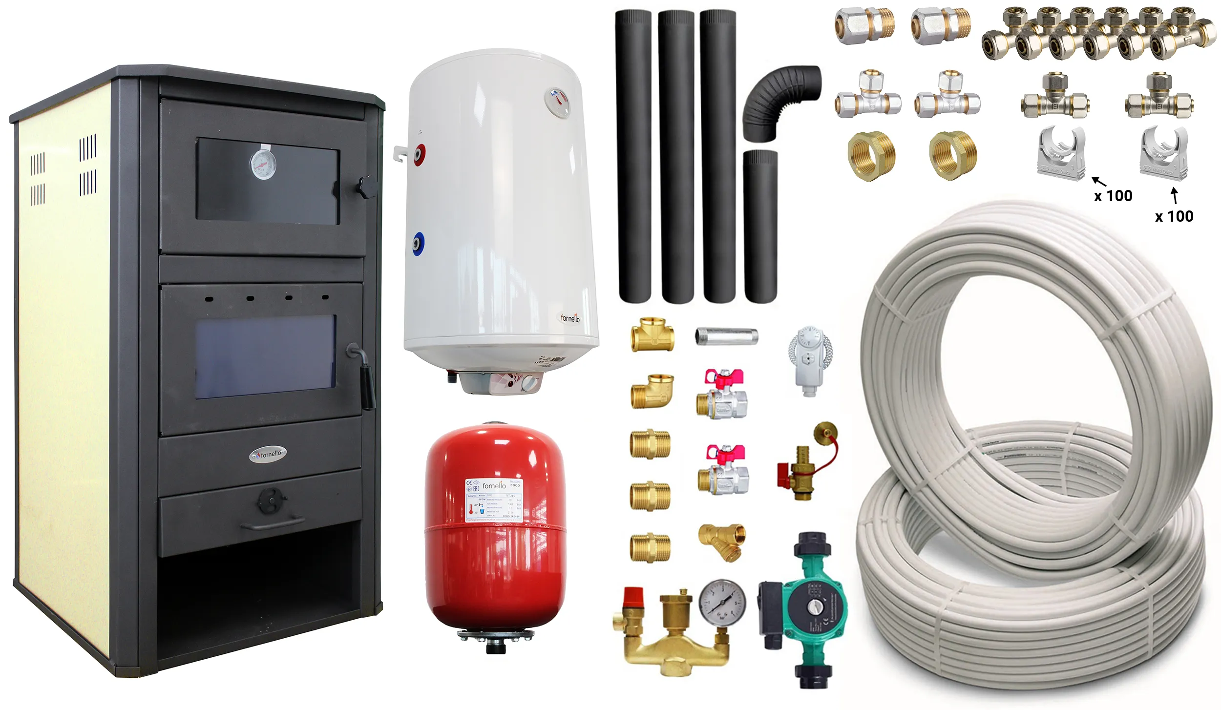Pachet Termosemineu pe lemne, brichete si carbune Fornello MILANO E, 24 KW, cuptor, Ivory, 580x560x1060 mm, boiler termoelectric 100l, teava, vas expansiune, pompa circulatie, kit evacuare si fitinguri