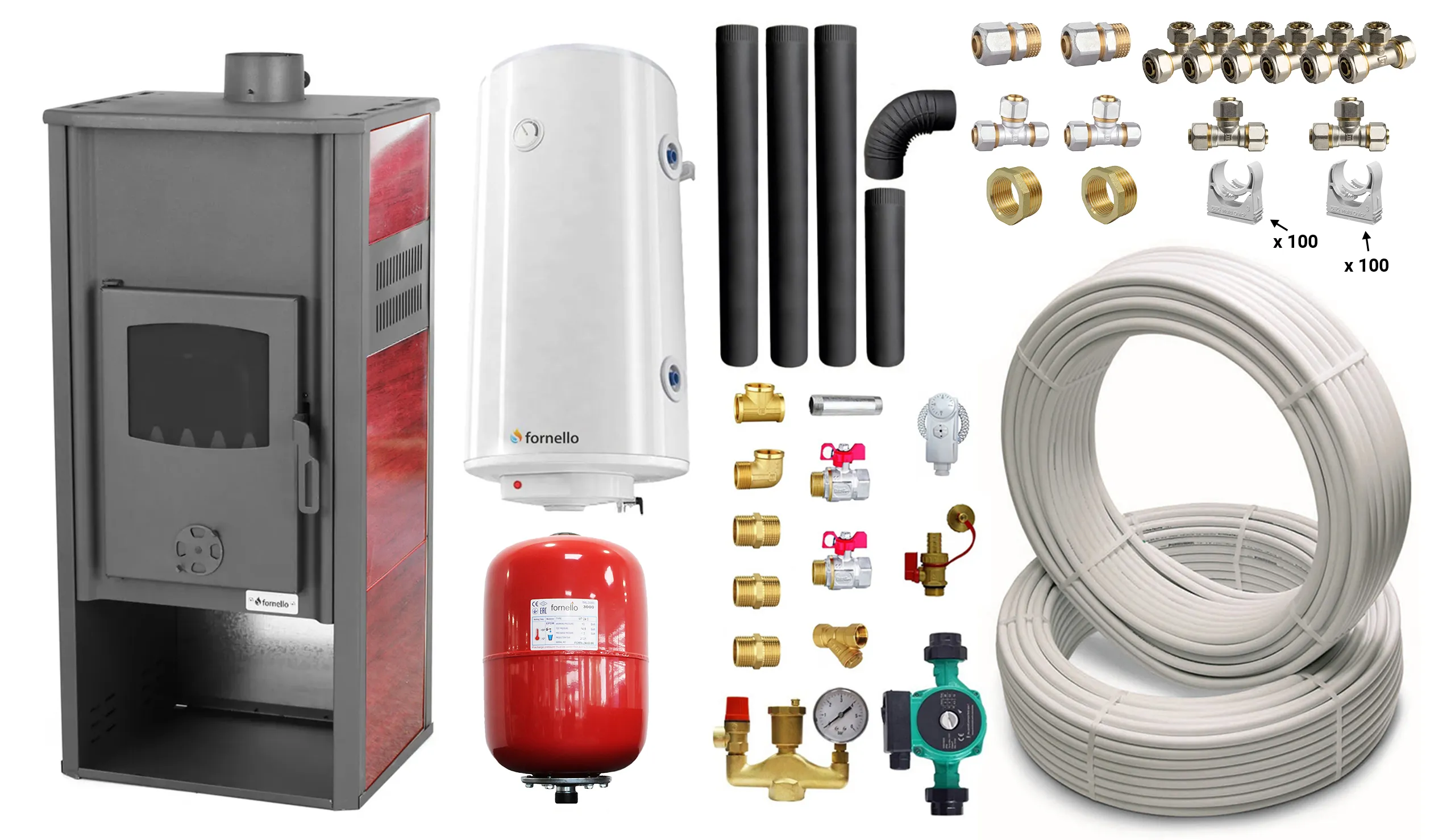 Pachet Termosemineu pe lemne, brichete si carbune Fornello Roma E, Bordeaux, 22 kW, 49x45x103 cm, boiler termoelectric 100l, teava, vas expansiune, pompa circulatie, kit evacuare si fitinguri