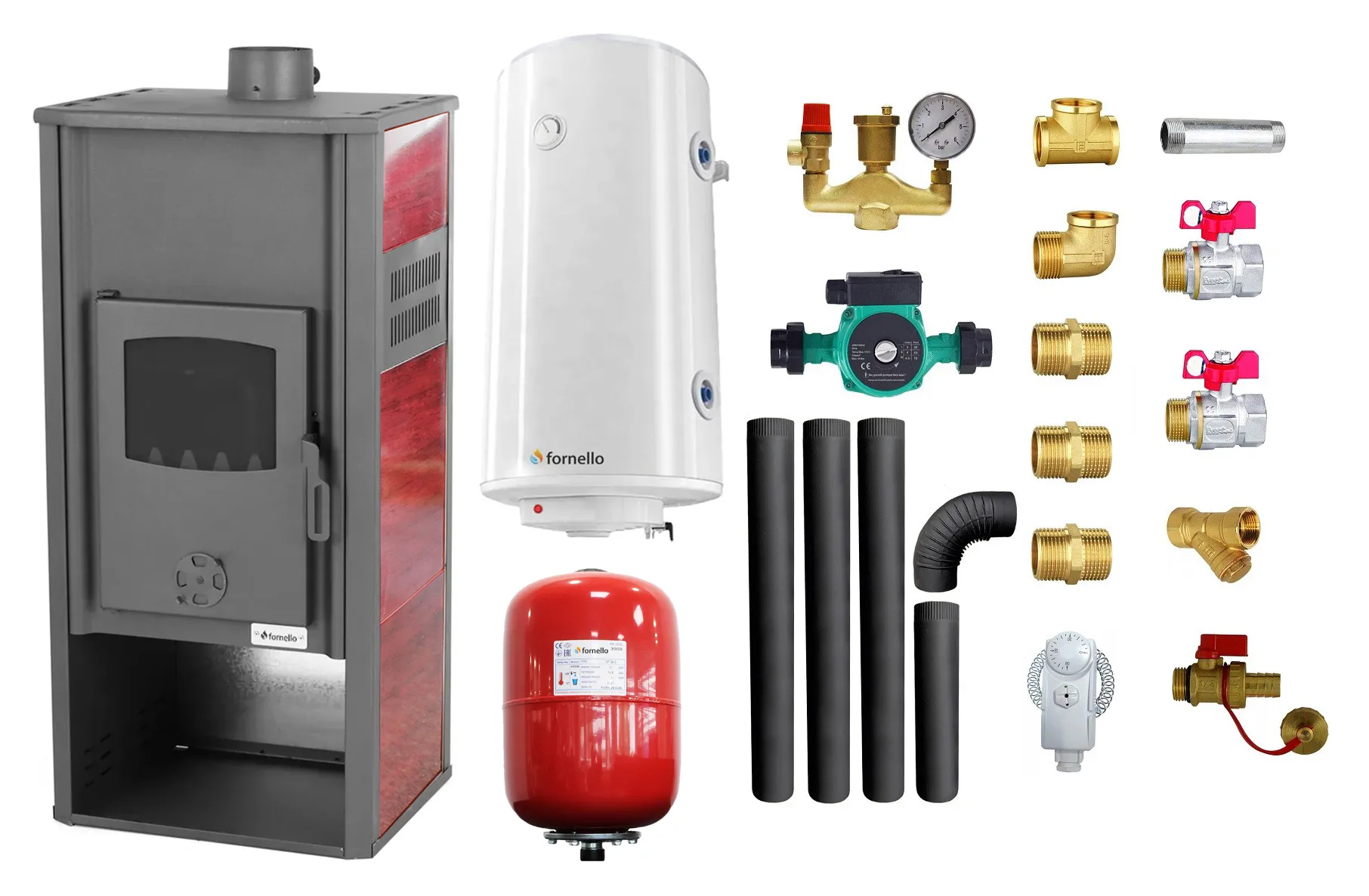 Pachet Termosemineu pe lemne, brichete si carbune Fornello Roma E, Bordeaux, 22 kW, 49x45x103 cm, boiler termoelectric 100l, vas expansiune, pompa circulatie, kit evacuare si kit montaj