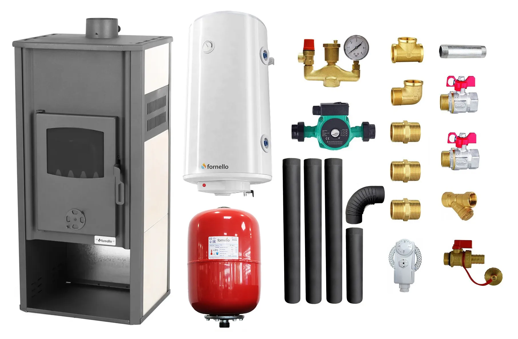 Pachet Termosemineu pe lemne, brichete si carbune Fornello Roma E, Ivory, 22 kW, 49x45x103 cm, boiler termoelectric 100l, vas expansiune, pompa circulatie, kit evacuare si kit montaj