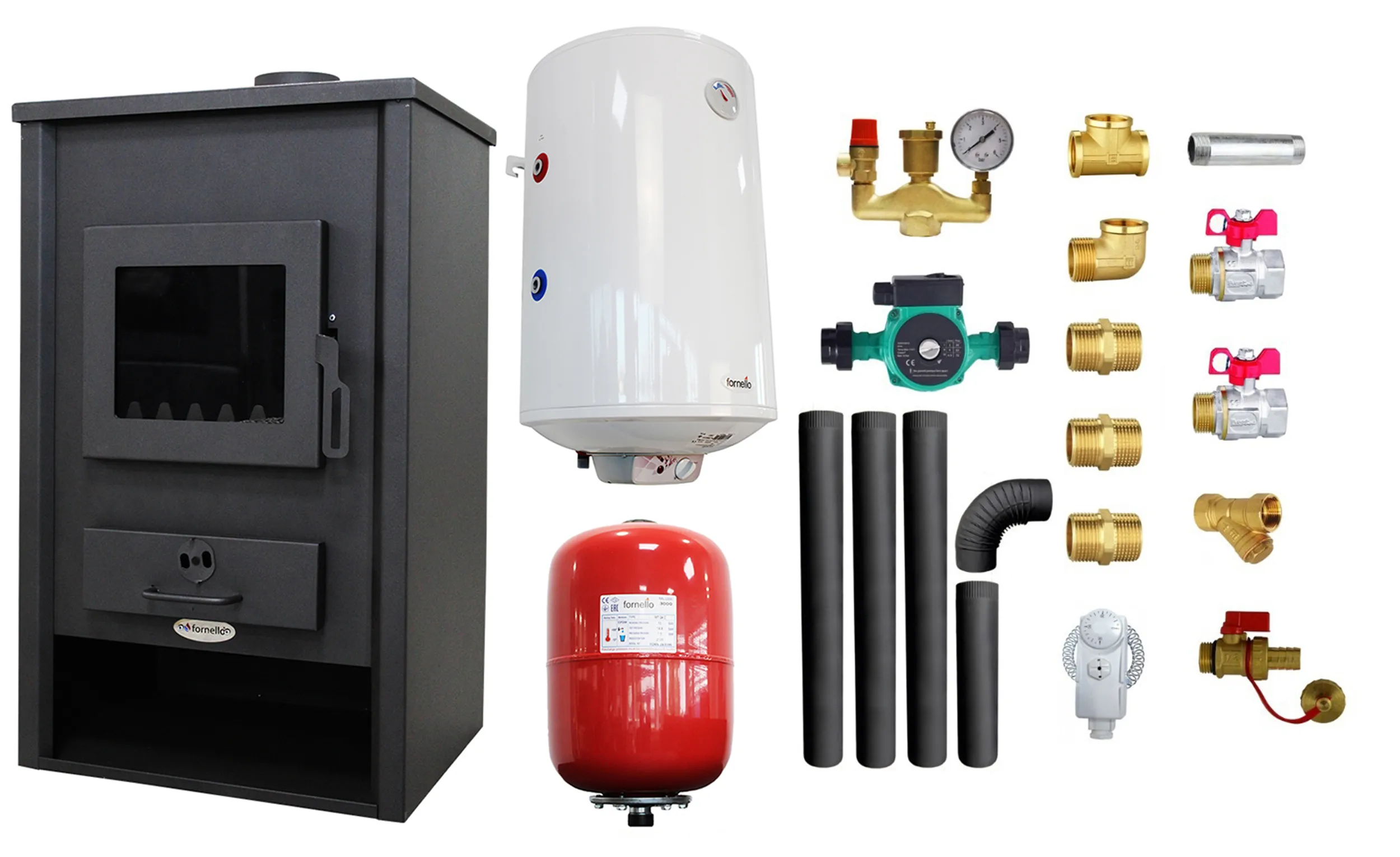 Pachet Termosemineu pe lemne, brichete si carbuni Fornello PADOVA E,  19.4 kW, 510x500x910 mm, boiler termoelectric 80l, vas expansiune, pompa circulare, kit evacuare si kit montaj