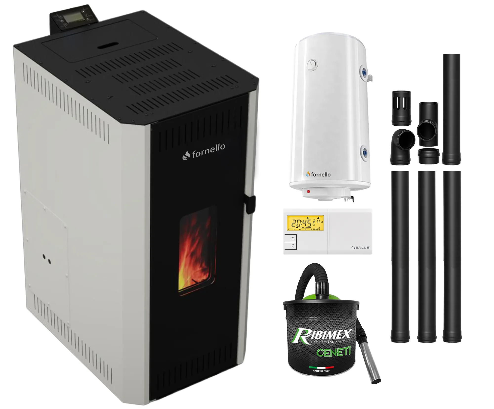 Pachet termosemineu pe peleti Fornello CALORE COMPACT 35 kW, pompa electronica, vas expansiune, arzator inox, grup de siguranta, kit evacuare, termostat Salus 091FLRFV2, aspiratior, boiler 100L, sistem curatare MECANICA creuzet si drumuri de fum