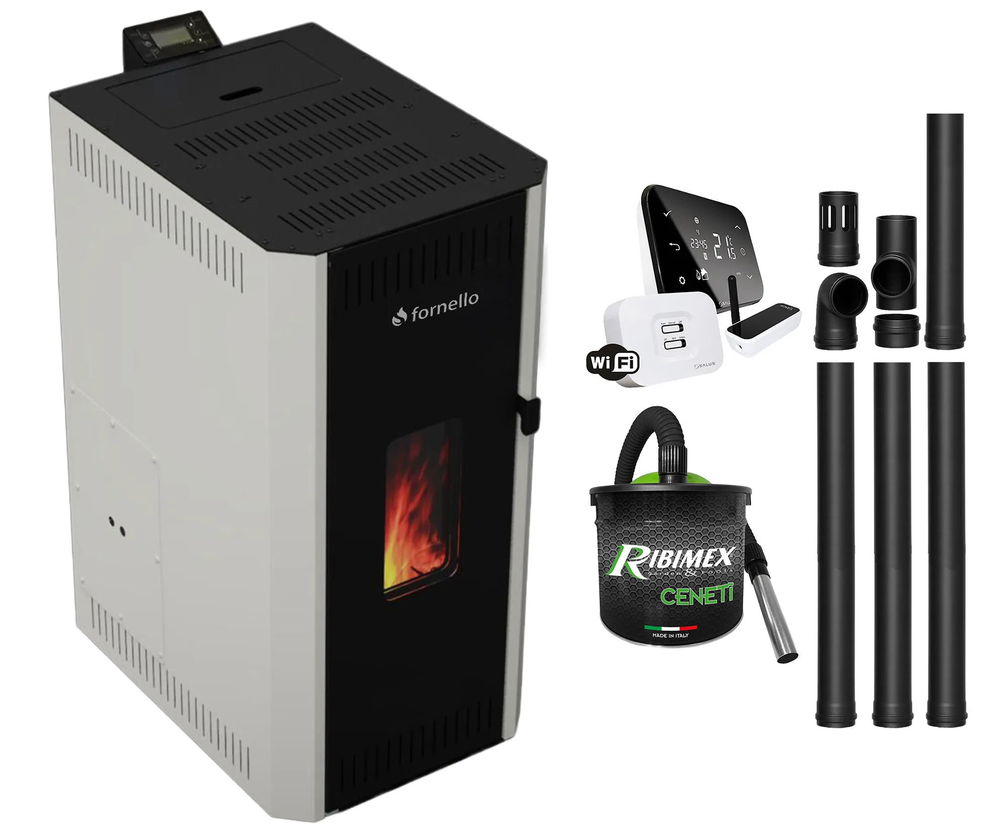 Pachet termosemineu pe peleti Fornello CALORE COMPACT 35 kW, pompa electronica, vas expansiune, arzator inox, grup de siguranta, kit evacuare, termostat Salus IT500, aspiratior, sistem de curatare MECANICA a creuzetului si drumurilor de fum