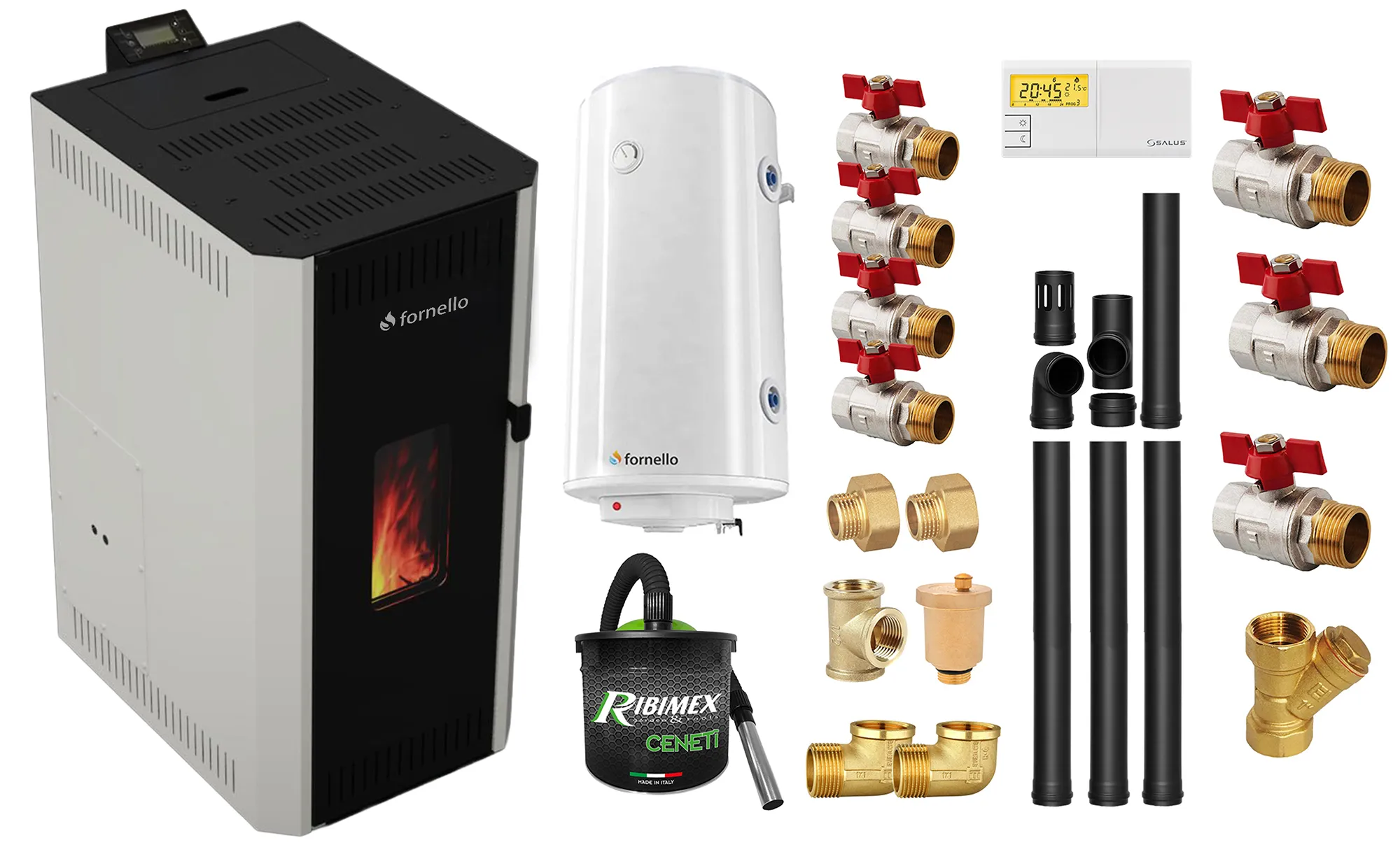 Pachet termosemineu pe peleti Fornello CALORE COMPACT 35 kW, pompa electronica, vas expansiune, arzator inox, grup de siguranta, kit evacuare 3.5 ml, termostat, aspiratior, boiler 100L si Fitinguri montaj centrala/boiler