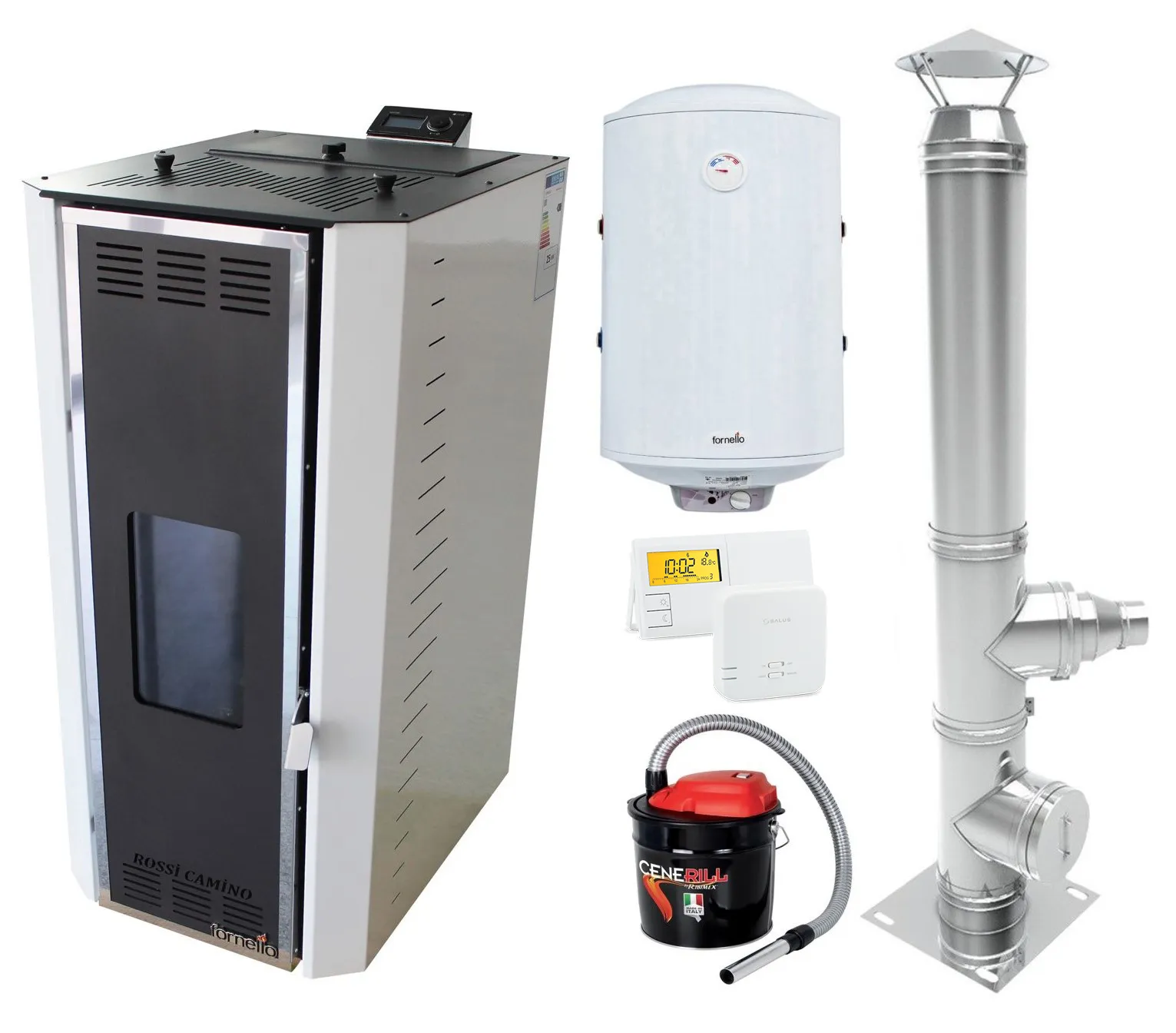 Pachet Termosemineu pe peleti Fornello Camino Rossi 35 kW, pompa Grundfos, vas expansiune, arzator inox, Boiler Fornello Termoelectric 100 l, termostat, aspirator cenusa si cos inox 4 ml