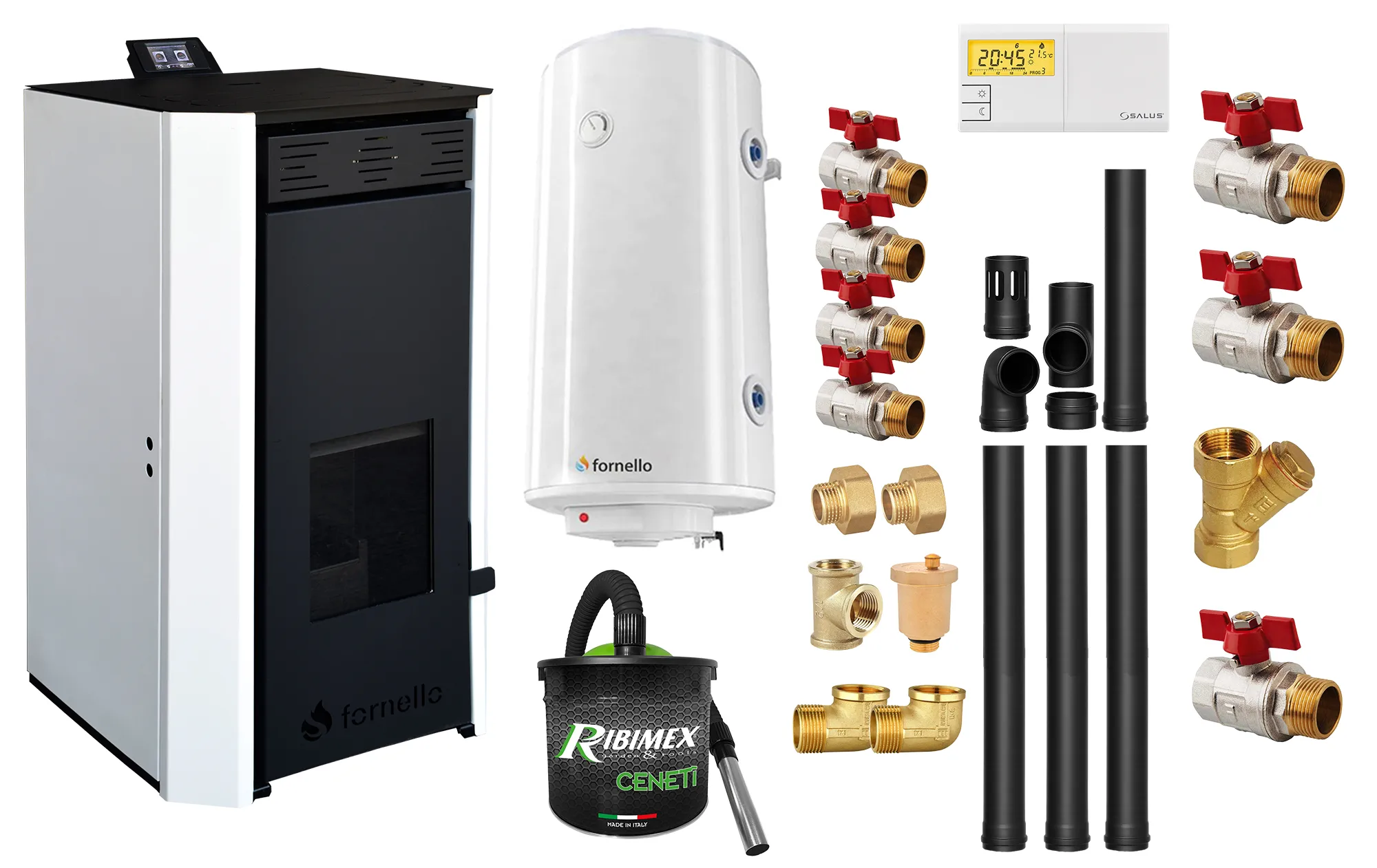 Pachet Termosemineu pe peleti Fornello EVA 25 KW, pompa circulatie, vas expansiune, WI-FI, buncar, tiraj fortat, kit evacuare 3.5 ml, termostat, aspiratior, boiler 100L si Fitinguri montaj centrala/boiler