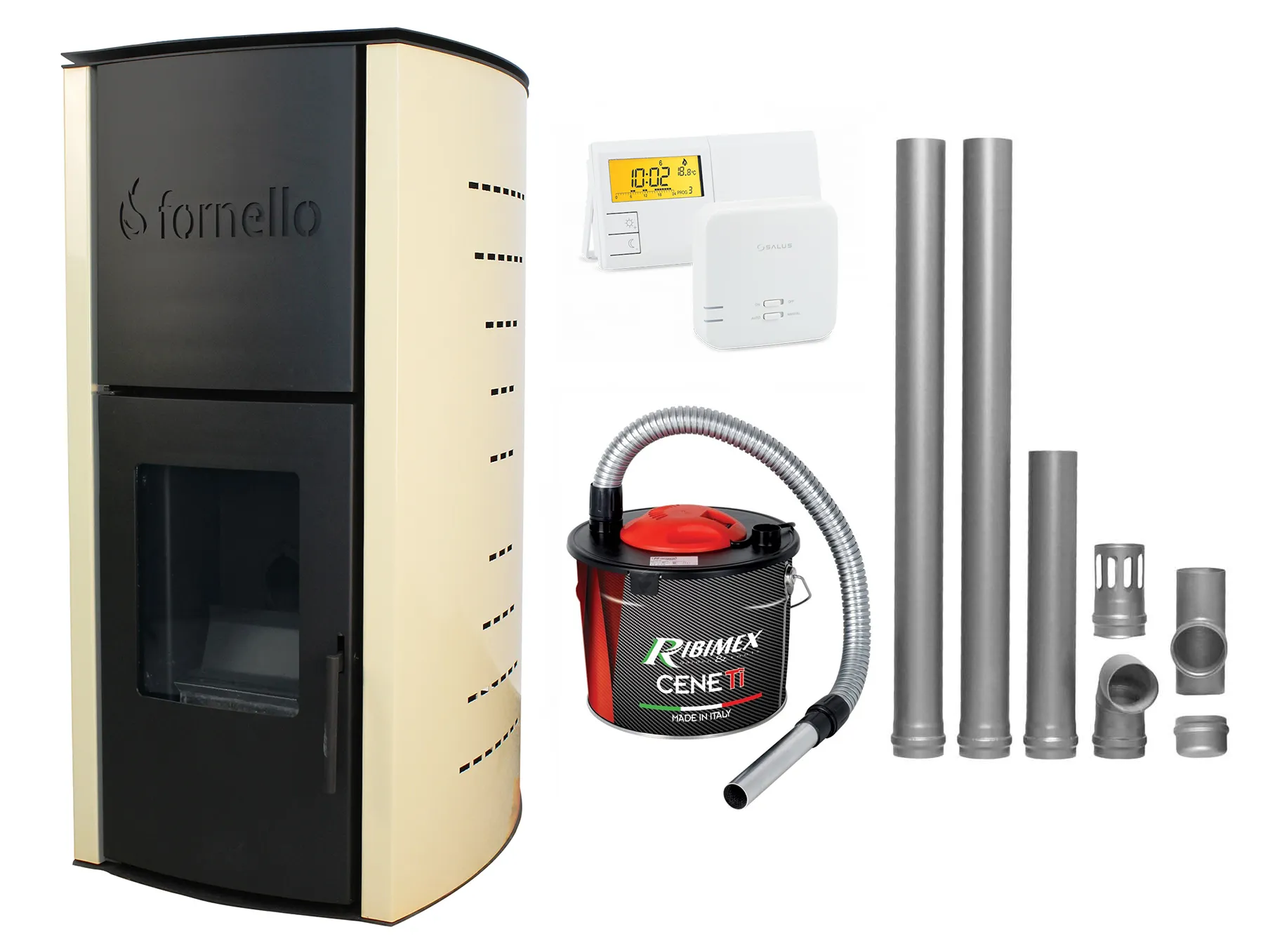 Pachet Termosemineu pe peleti Fornello Michelle 12 kW, complet echipat cu pompa, vas expansiune, automatizare, culoare ivory, kit evacuare 2.5 ml, Termostat Salus 091FLRFV2 si Aspirator Cenusa
