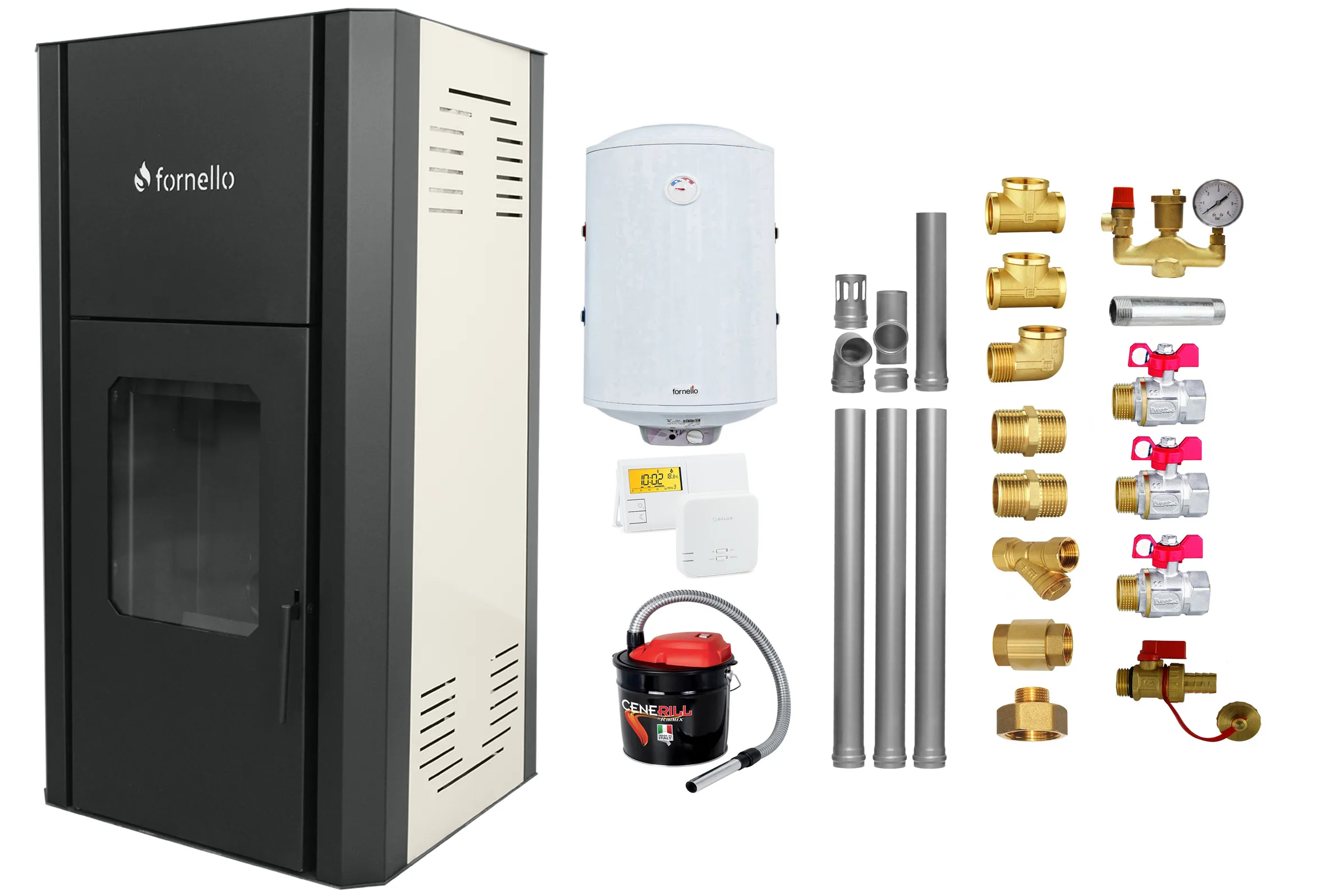 Pachet Termosemineu peleti Fornello Primo Pellet 25 kw, complet echipat pentru incalzire, pompa circulatie, vas expansiune, automatizare, kit evacuare 3.5 ml, Boiler Termoelectric Fornello 100 l, Termostat Salus 091FLRFV2, Aspirator si kit montaj