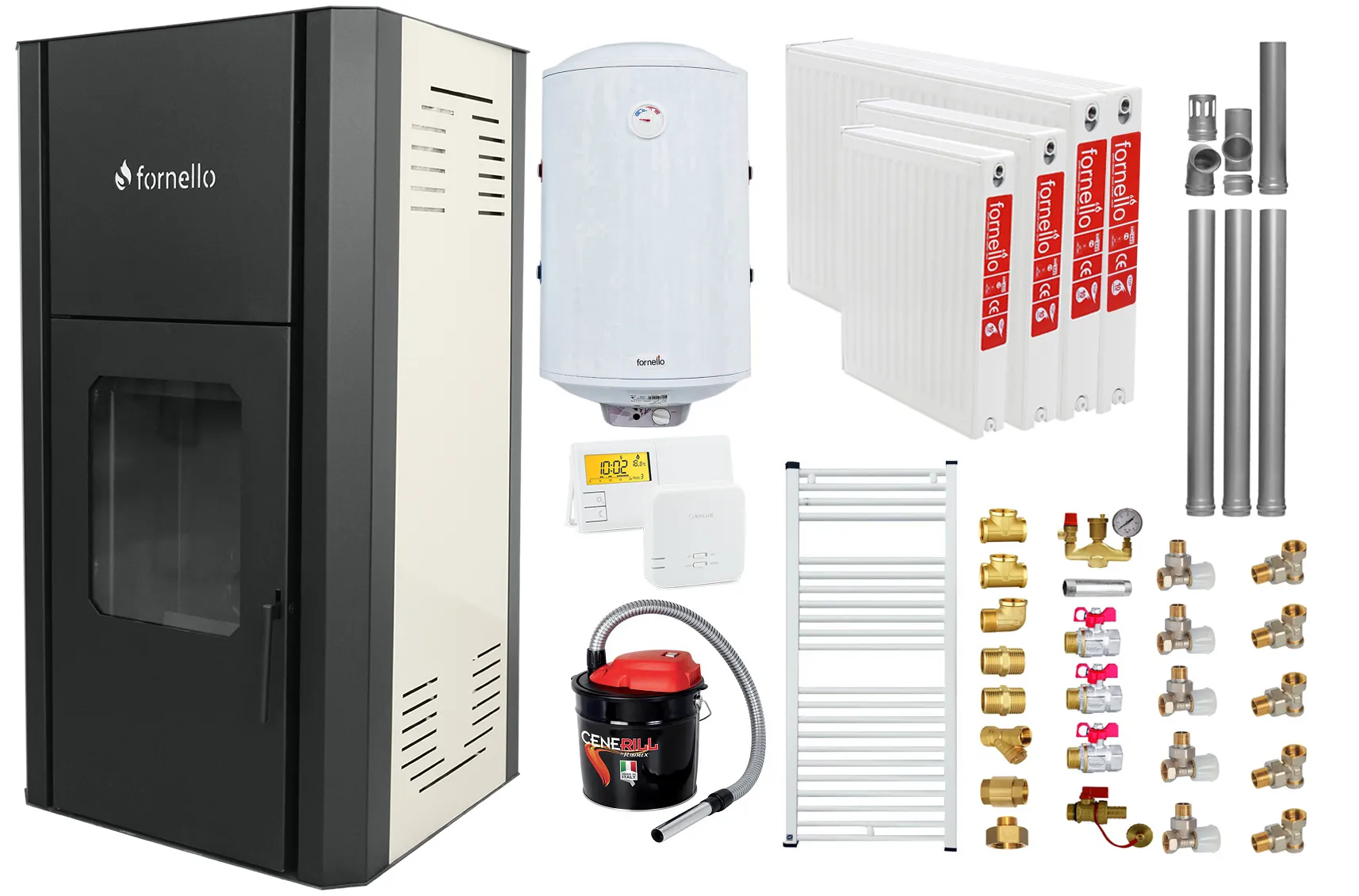 Pachet Termosemineu peleti Fornello Primo Pellet 25 kw, complet echipat, pompa circulatie, vas expansiune, automatizare, kit evacuare 3.5 ml, Boiler Termoelectric Fornello 100 l, Termostat Salus 091FLRFV2, Aspirator, Calorifere si kit montaj