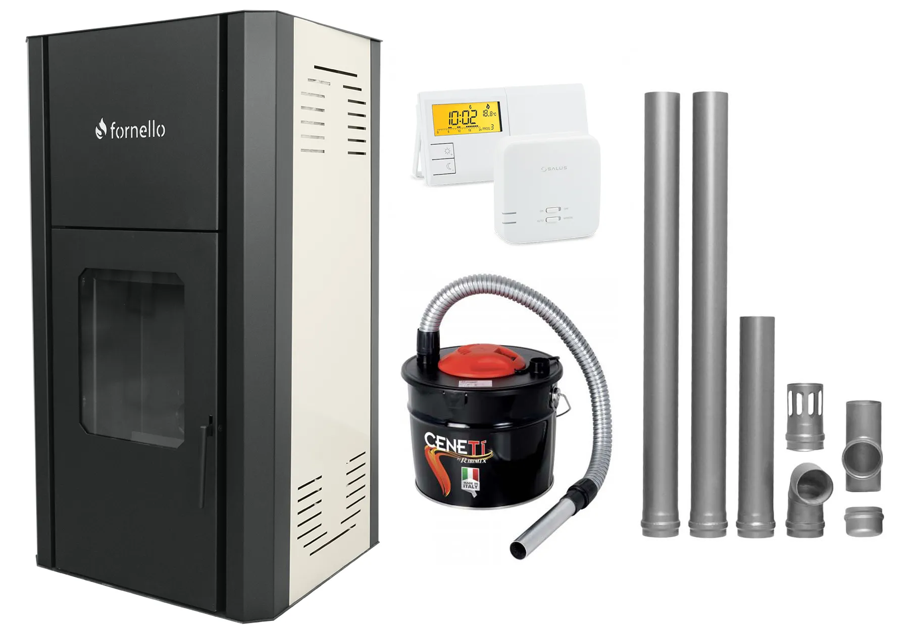 Pachet Termosemineu peleti Fornello Primo Pellet Ivory 25 kw, complet echipat pentru  incalzire, pompa circulatie, vas  expansiune,  automatizare, kit evacuare 2.5 ml, Termostat Salus 091FLRFV2, Aspirator Cenusa