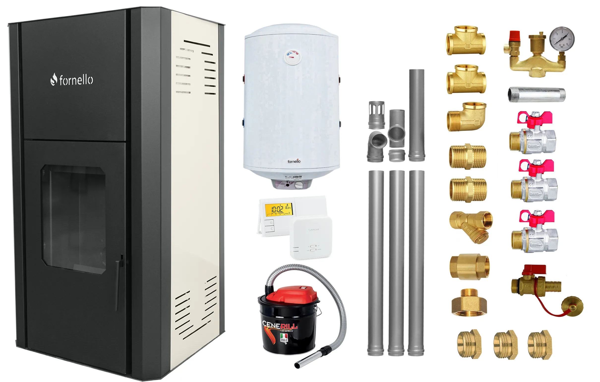 Pachet Termosemineu peleti Fornello Primo Pellet Ivory 30 kw, complet echipat pentru incalzire, pompa, vas expansiune, automatizare, kit evacuare 3.5 ml, Boiler Termoelectric Fornello 100 l, Termostat Salus 091FLRFV2, Aspirator si kit montaj