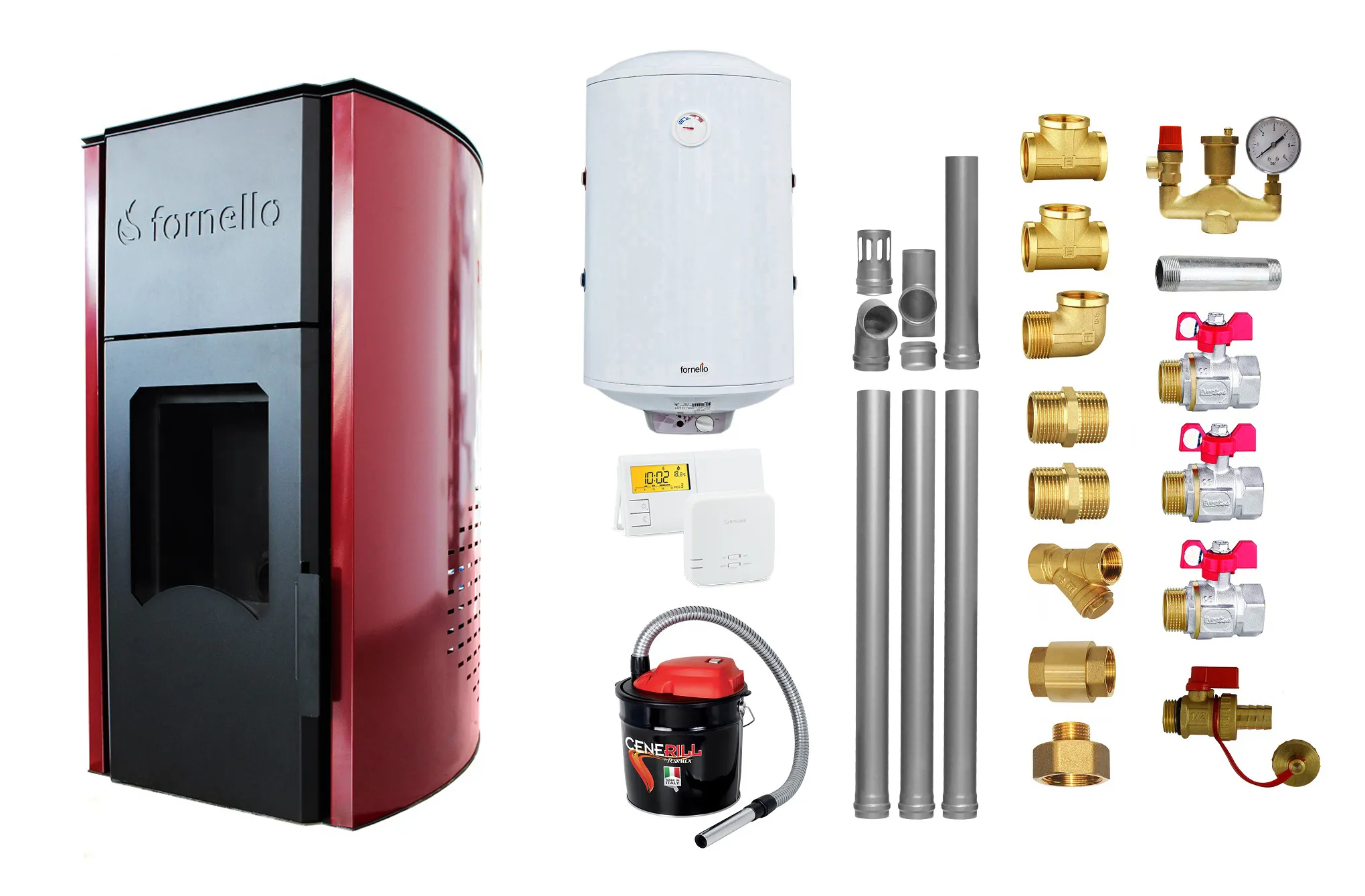 Pachet Termosemineu peleti Fornello Royal Bordeaux 25 kw, complet echipat pentru incalzire, pompa circulatie, vas expansiune, automatizare, kit evacuare 3.5 ml, Boiler Termoelectric Fornello 100 l, Termostat Radio Comanda Salus 091FLRFV2, Aspirator s
