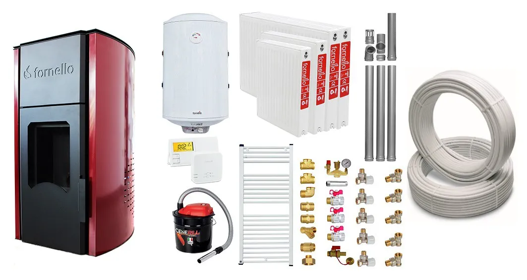 Pachet Termosemineu peleti Fornello Royal Bordeaux 25 kw, complet echipat, pompa circulatie, teava hidronix, vas expansiune, automatizare, kit evacuare 3.5 ml, Boiler Termoelectric Fornello 100 l, Termostat Radio Comanda Salus 091FLRFV2, Aspirator, C