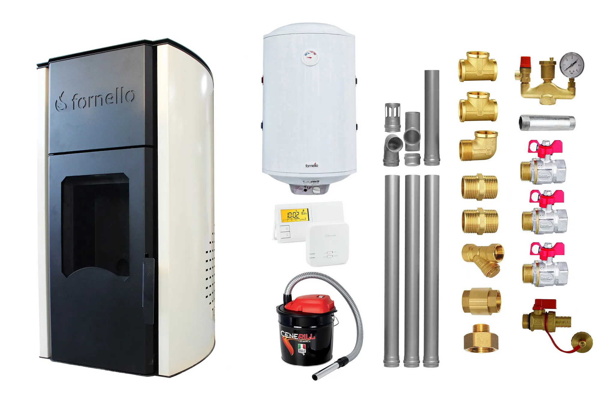 Pachet Termosemineu peleti Fornello Royal Ivory 25 kw, complet echipat pentru incalzire, pompa circulatie, vas expansiune, automatizare, kit evacuare 3.5 ml, Boiler Termoelectric Fornello 100 l, Termostat Salus 091FLRFV2, Aspirator si kit montaj