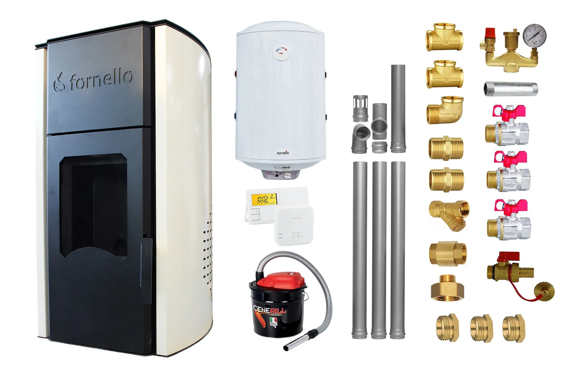 Pachet Termosemineu peleti Fornello Royal Ivory 30 kw, complet echipat pentru incalzire, pompa circulatie, vas expansiune, automatizare, kit evacuare 3.5 ml, Boiler Termoelectric Fornello 100 l, Termostat Salus 091FLRFV2, Aspirator si kit montaj