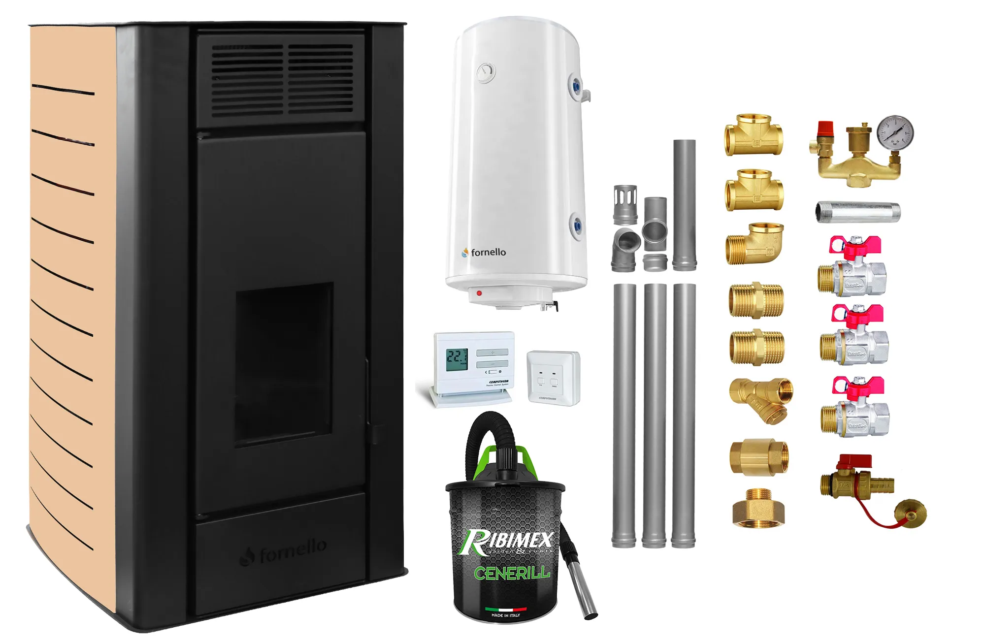 Pachet Termosemineu peleti Fornello SERENA W25, 25 kw, culoare Ivory, complet echipat, pompa circulatie, vas expansiune, automatizare, kit evacuare 3.5 ml, Boiler Termoelectric Fornello 100 l, Termostat, Aspirator