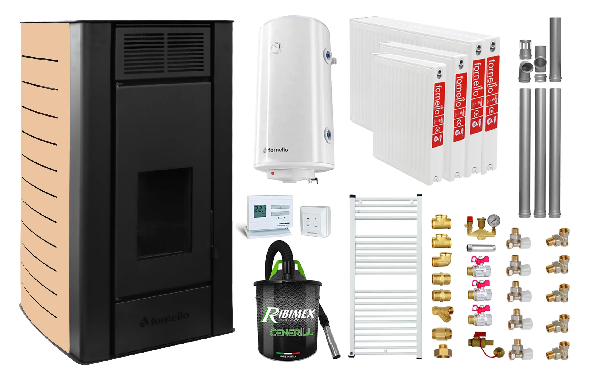 Pachet Termosemineu peleti Fornello SERENA W25, 25 kw, culoare Ivory, complet echipat, pompa circulatie, vas expansiune, automatizare, kit evacuare 3.5 ml, Boiler Termoelectric Fornello 100 l, Termostat Radio Comanda Computherm Q3 RF, Aspirator, Cal