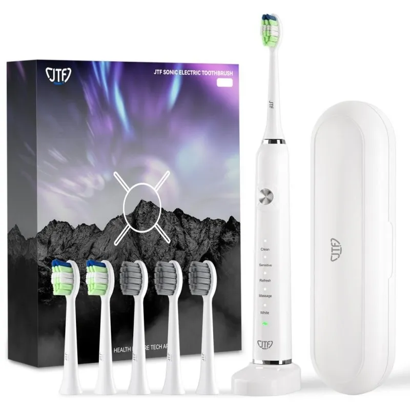 Periuta Dinti Electrica JTF Sonic, Alba, P200, 6 Capete Periuta, Trusa Calatorie, Suport Incarcare