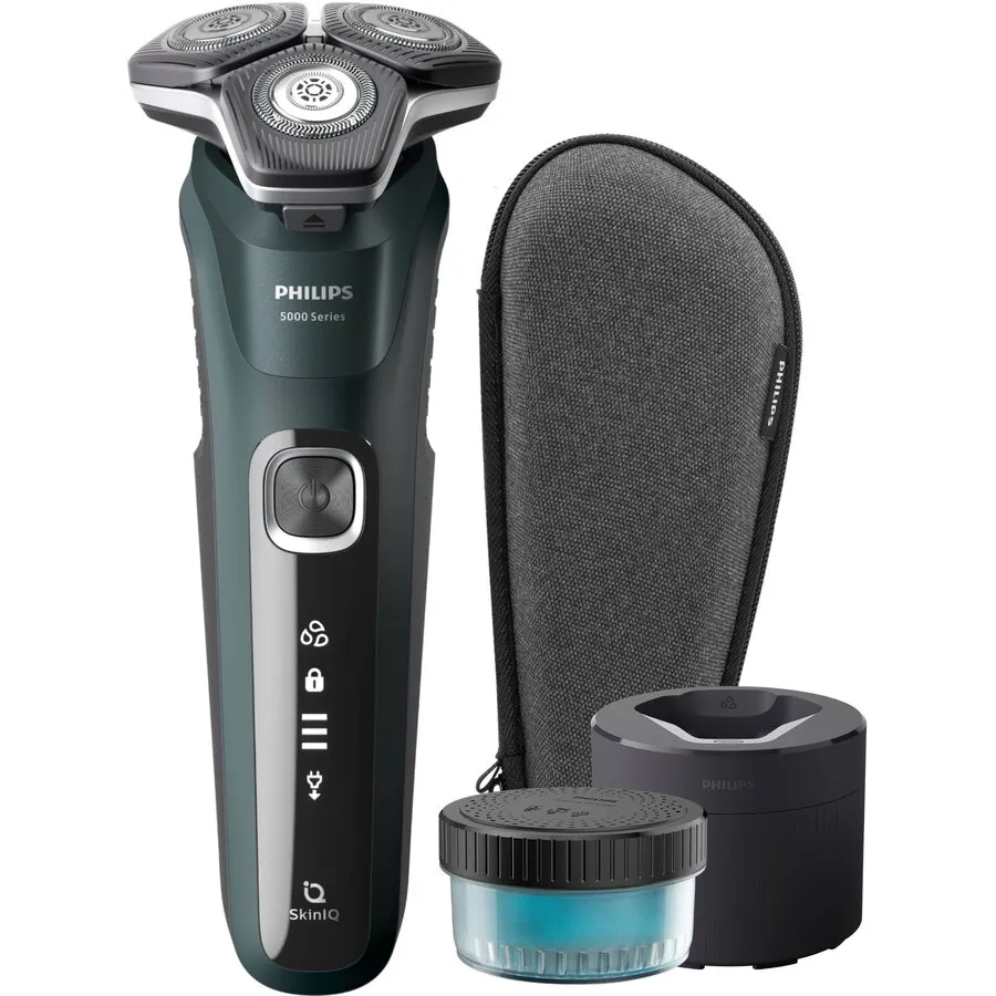Philips Aparat de barbierit PHILIPS Shaver Seria 5000 S5884/50, barbierit umed/uscat, tehnologie SkinIQ, fara fir, capete flexibile 360°, display LED, senzor Power Adapt, lame auto-ascutire, lama tuns integrata, 60 min, toc de transport, Verde inchis