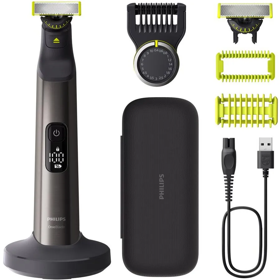 Philips Aparat hibrid de barbierit si tuns Philips OneBlade Pro 360 QP6652/61, 2 lame 360, 20 de setari de lungime (0,4-10 mm), 2 accesorii pentru corp, Autonomie 120 min, toc hardcase, Negru