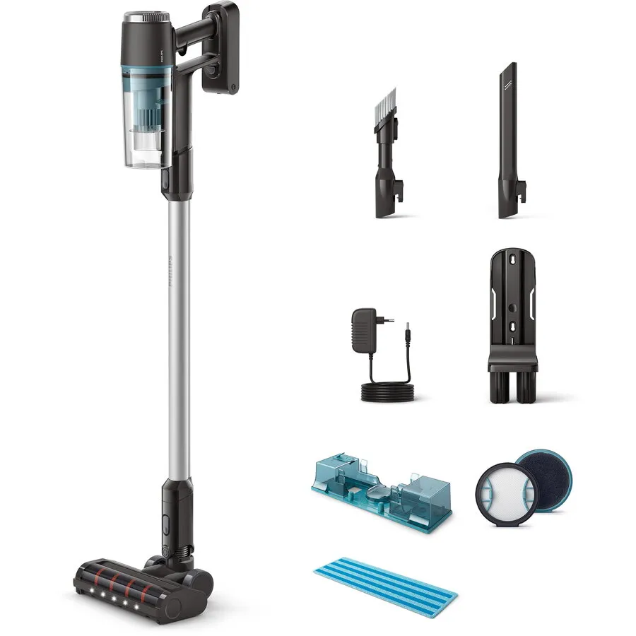 Philips Aspirator vertical fara fir Philips XC3133/01 seria 3000, autonomie 60 min, motor digital, cap de aspirare cu led, sistem de filtrare in 3 etape, baterie detasabila de 25,2 volti, accesoriu spatii inguste, accesoriu 2in1, Gri