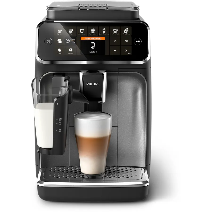 Philips Espressor automat Philips EP4346/71 seria 4300, 1500 W, presiune 15 bari, solutie de lapte LatteGO, 8 tipuri de bauturi, ecran tactil intuitiv, Tehnologie noua SilentBrew pentru preparare silentioasa, rasnita ceramica, functie QuickStart, Negru-B