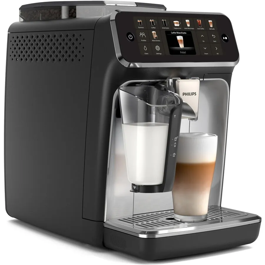 Philips Espressor automat Philips EP5546/70 seria 5500, presiune 15 bari, solutie de lapte LatteGO, 20 tipuri de bauturi, ecran tactil , Tehnologie noua SilentBrew-preparare silentioasa, rasnita ceramica, functie QuickStart, jet suplimentar, Negru-Argint