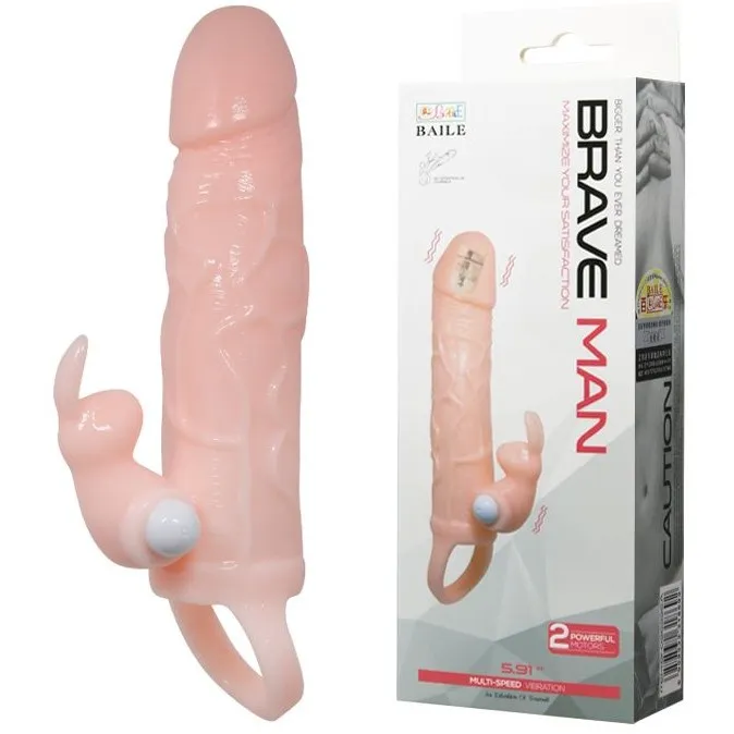 Prelungitor Penis Brave Man cu Vibratii, TPR, Natural, 16.4 cm