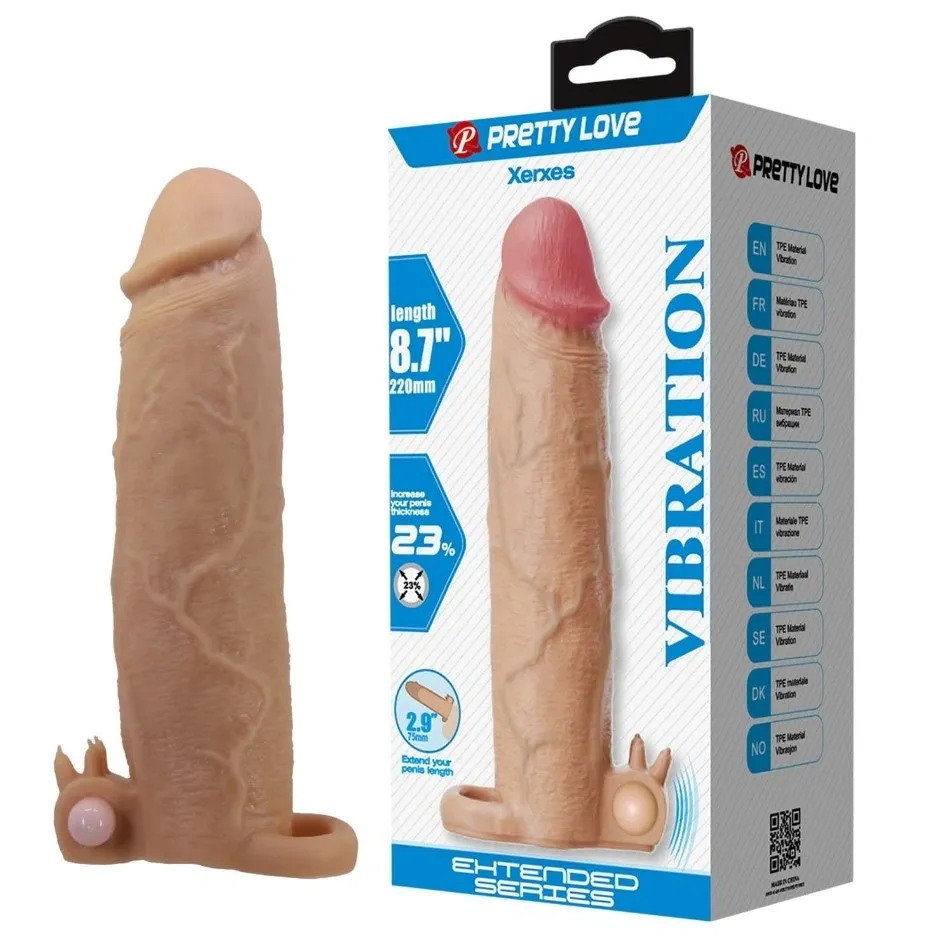 Prelungitor Penis Xerxes +7.5 cm cu Vibratii, TPE, Natural