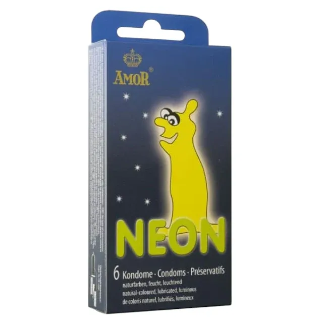 Prezervative AMOR Neon, fosforescente, din latex, lubrifiate, diametru 54 mm, 6 buc