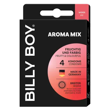 Prezervative BILLY BOY Aroma Mix, din latex natural, lubrifiate și rezistente, 56 mm, roșu și negru, arome căpșuni și tutti frutti, 4 buc