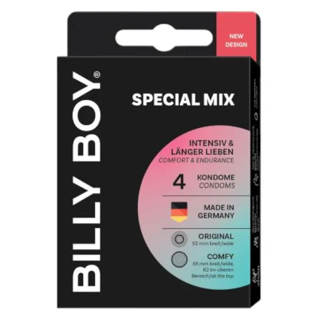 Prezervative BILLY BOY Special Mix, din latex natural, lubrifiate și rezistente, diametru 52 / 55-62 mm, transparente, 4 buc
